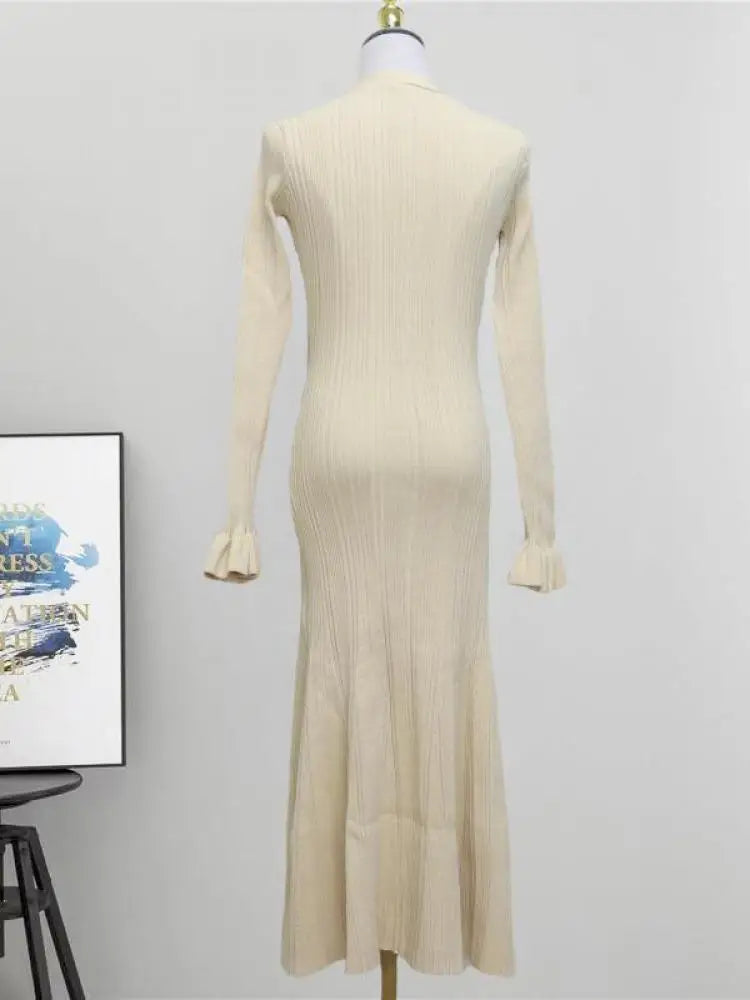2024 French Elegant Black V-Neck Single Breasted Knitted Dress for Women - Long Sleeve Fishtail Beige Winter Dress | Perfect for Office, Party & Holiday Events