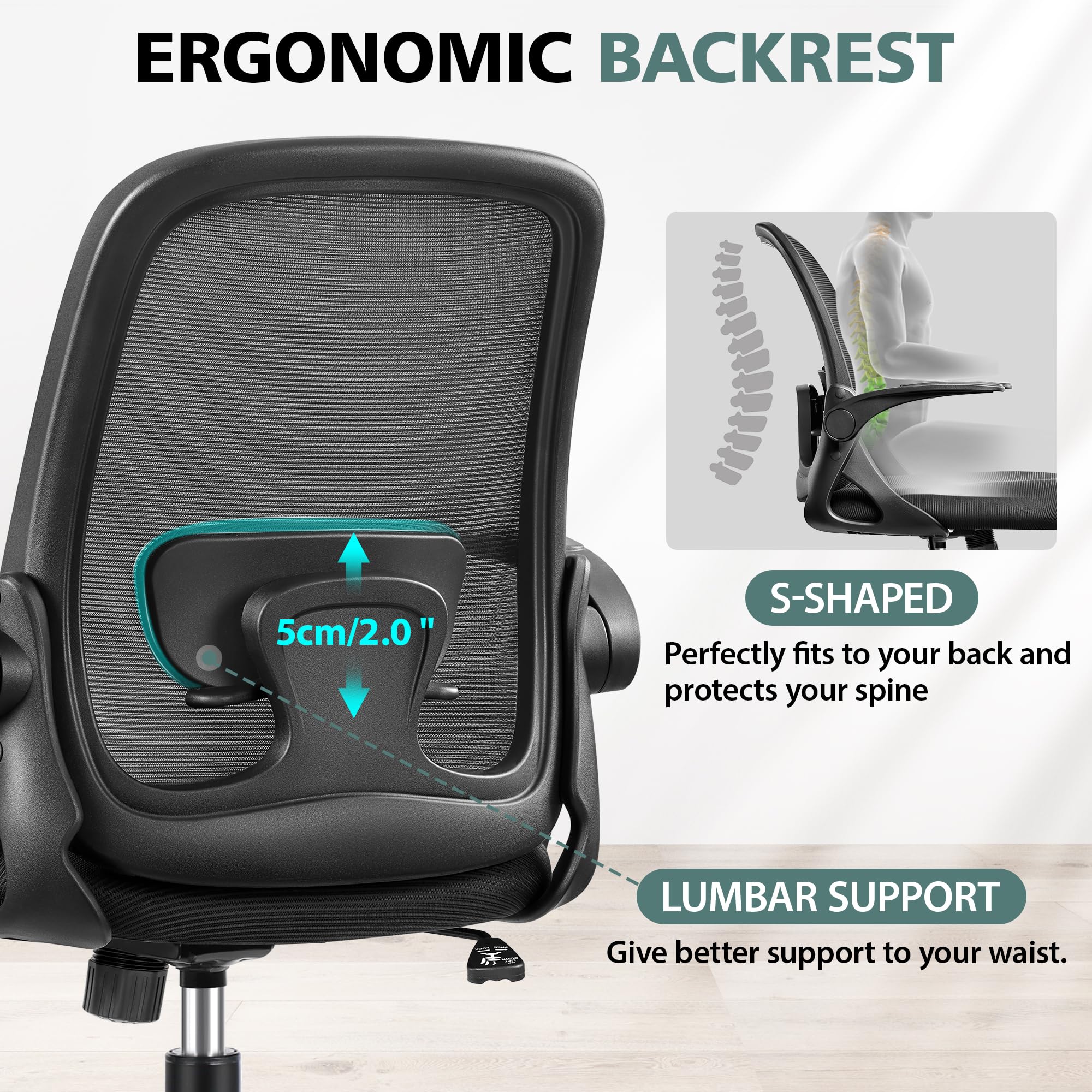 Ergonomic Office Chair with Lumbar Support & Flip-Up Arms - Breathable Mesh Computer Desk Chair, Adjustable Height Swivel Task Chair for Home Office, Bedroom, Study - Dark Gray | Perfect for Long Work Hours & Gaming Sessions
