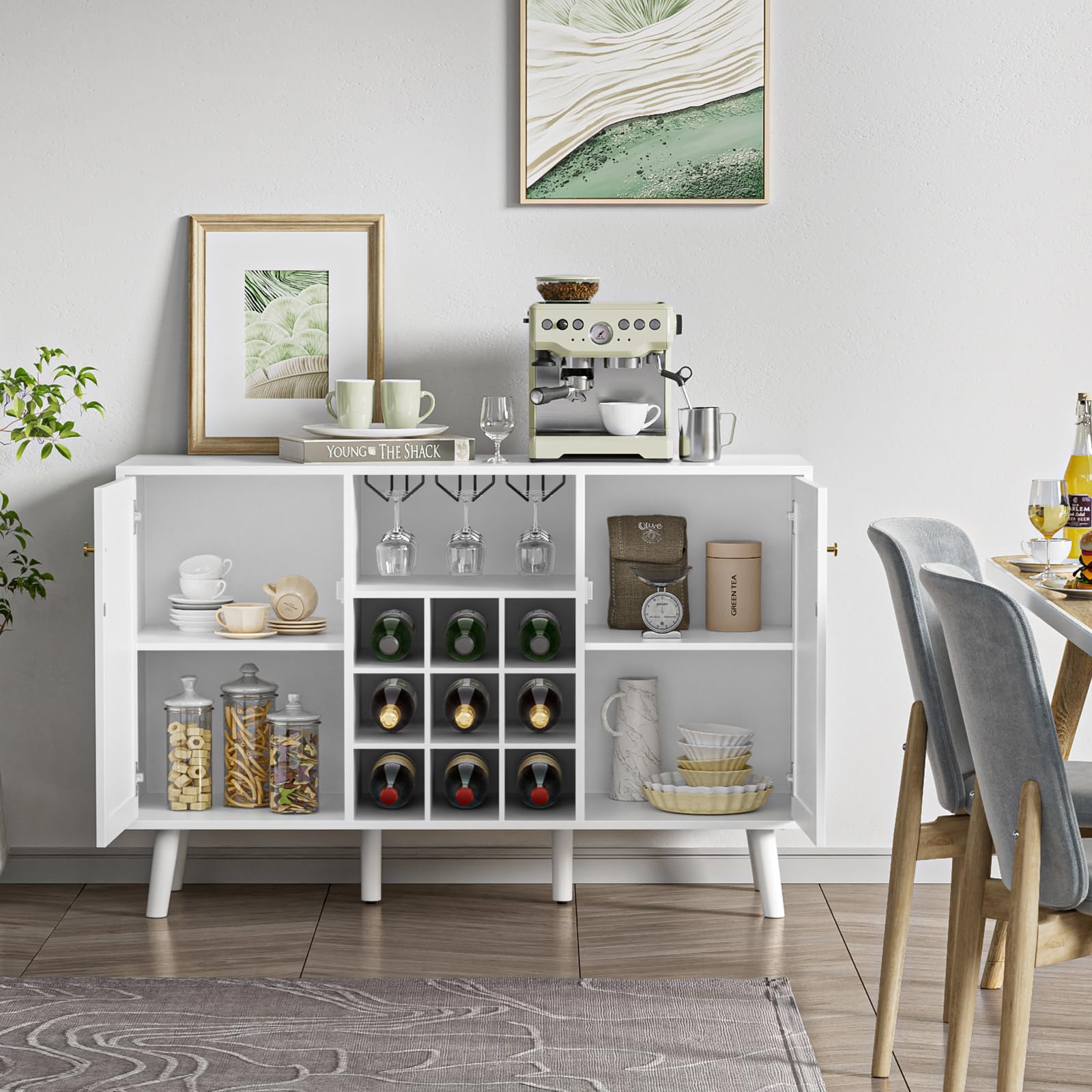 **Giluta White Rattan Sideboard Buffet Cabinet - 2-Door Farmhouse Wine Bar with Wine Rack & Glass Holder - Storage Cabinet for Living Room, Dining Room, Kitchen - Perfect for Entertaining & Home Decor**