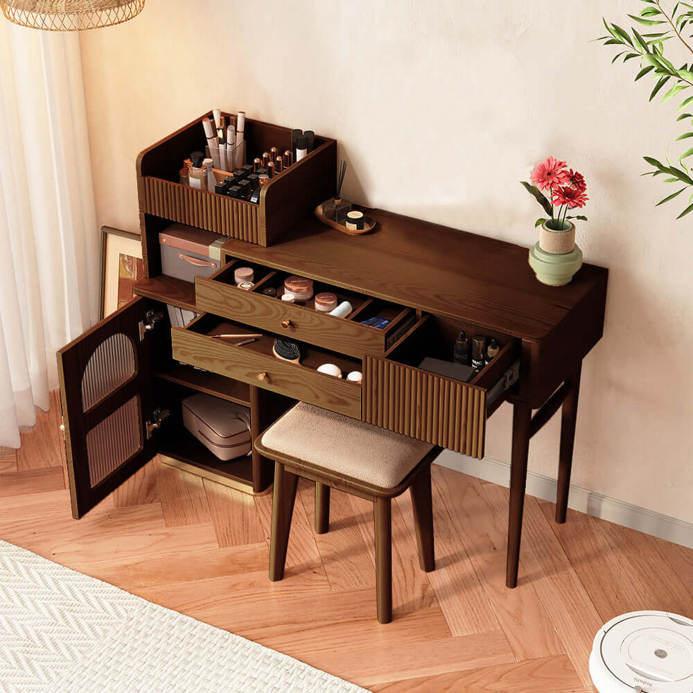 Stylish Wooden Vanity Table with Open Storage, Drawers & Cabinet - Perfect for Bedroom, Dressing Room & Makeup Studio
