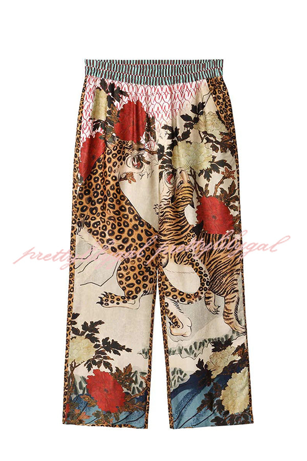 Tropical Jungle Tiger Print Long Sleeve Loose Shirt & Elastic Waist Pants Set - Stylish Animal Print Outfit for Women, Casual Wear, Vacation Outfits, and Street Fashion