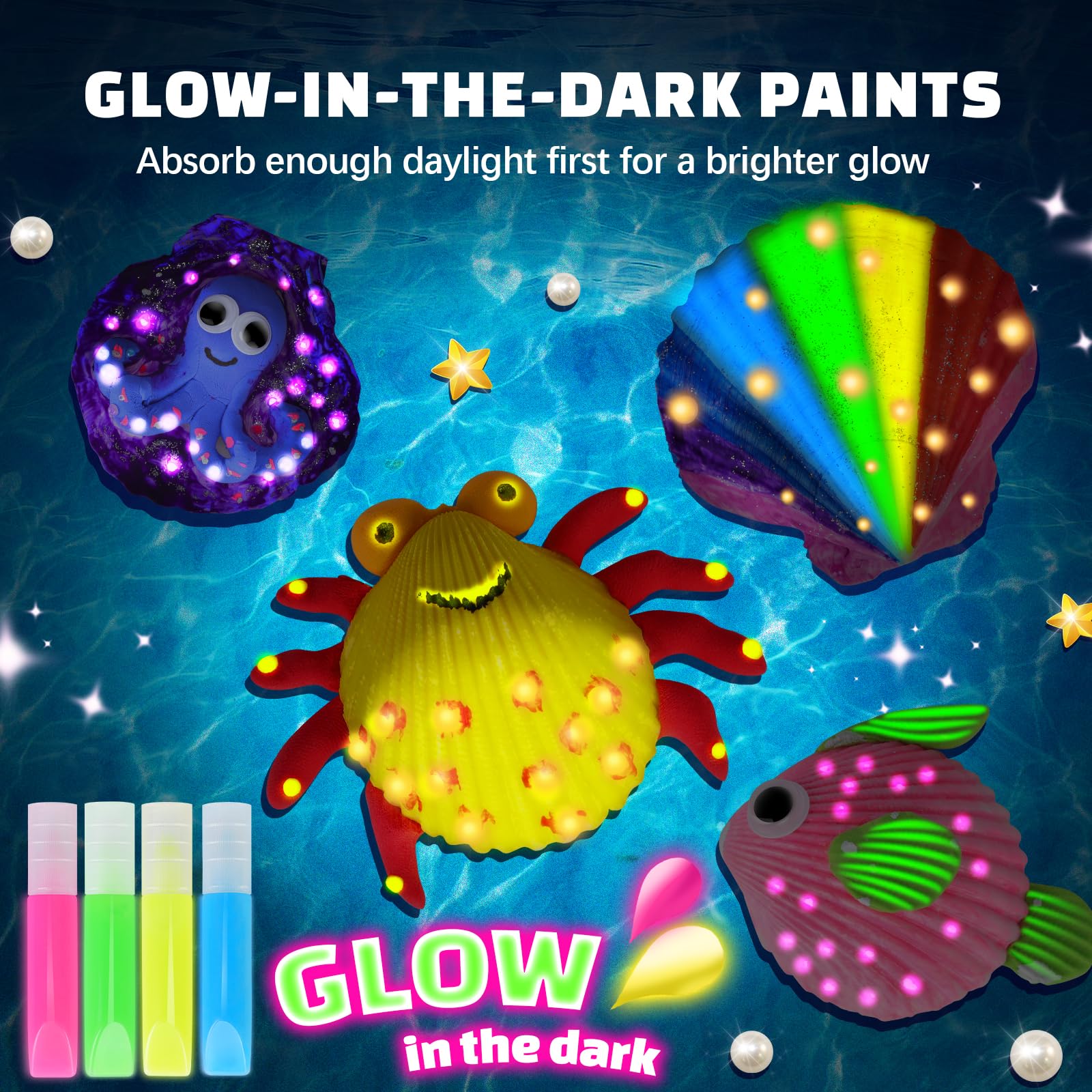 EPUMP Glow in The Dark Shell Painting Kit for Kids Ages 6-12 - Creative Arts & Crafts Supplies with 20+ Sea Shells, Non-Toxic Paints & Brushes - Perfect Christmas Birthday Gift for Boys & Girls | Fun DIY Activity for Beach Themed Parties & Home Decor