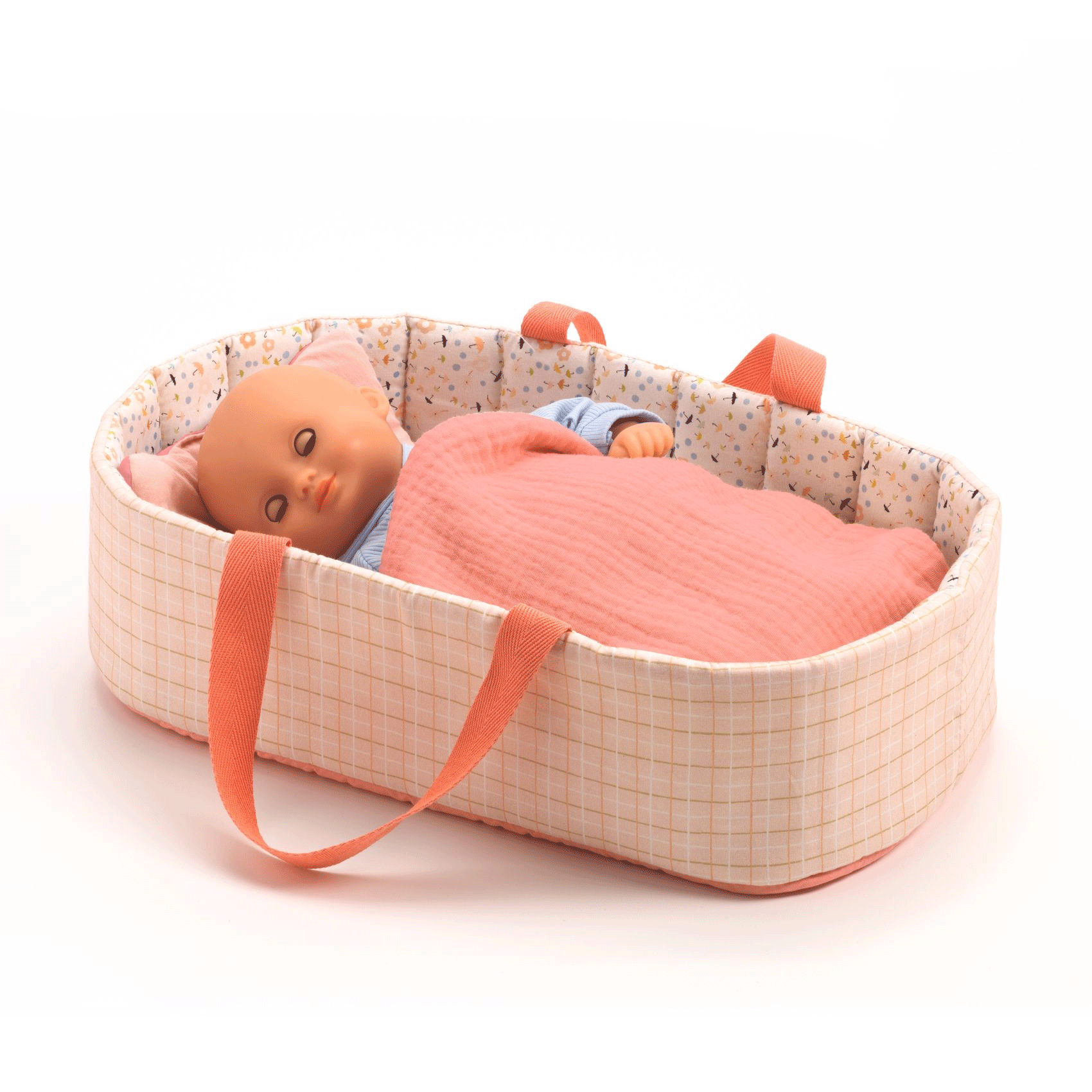 Djeco Pomea Pink Lines Carry Cot - Portable Baby Bassinet for Travel & Home Use - Lightweight & Stylish Nursery Essential