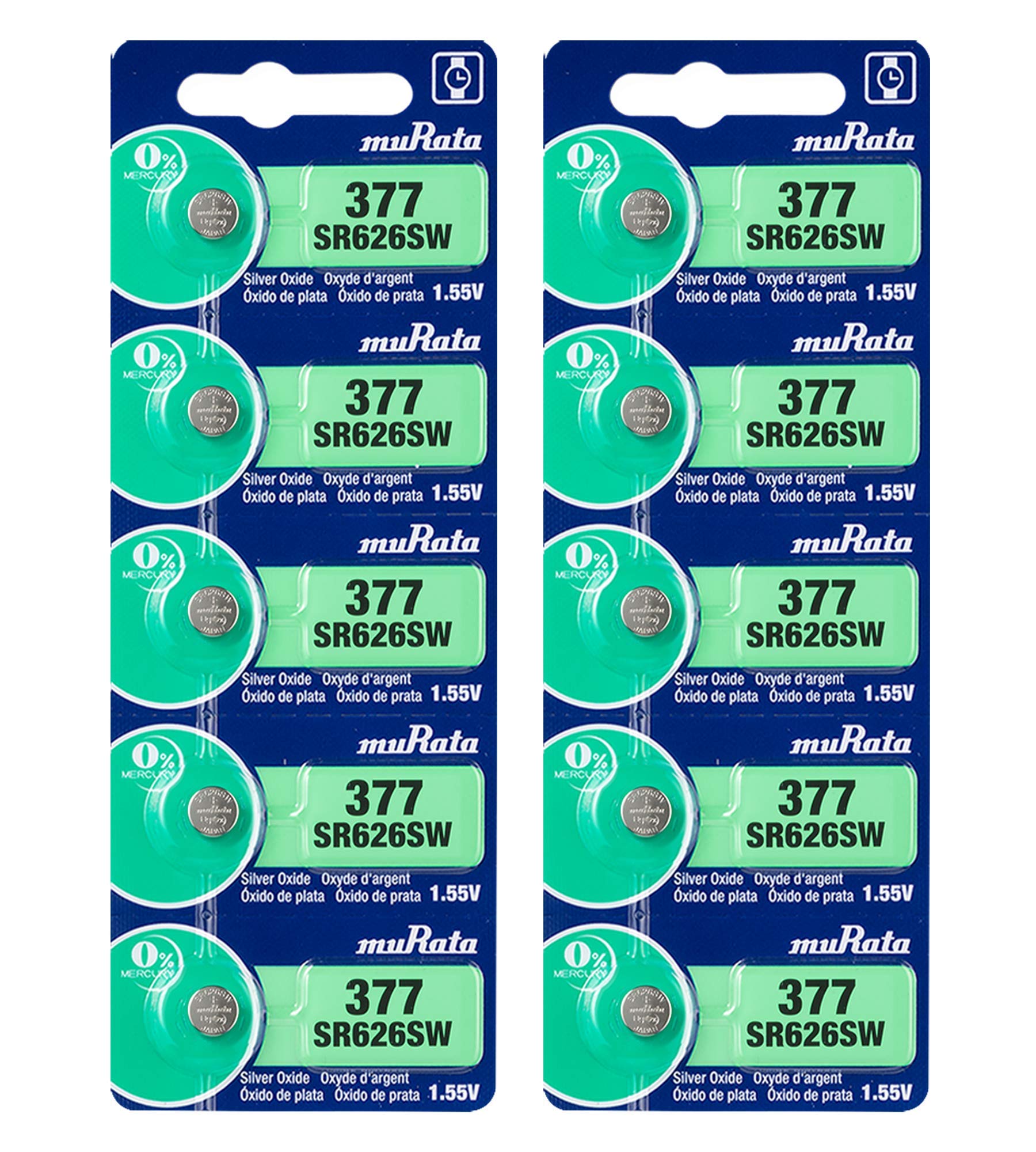Murata 377 Battery SR626SW 1.55V Silver Oxide Watch Button Cell - 10 Pack - Perfect for Watches, Calculators, Medical Devices & Small Electronics