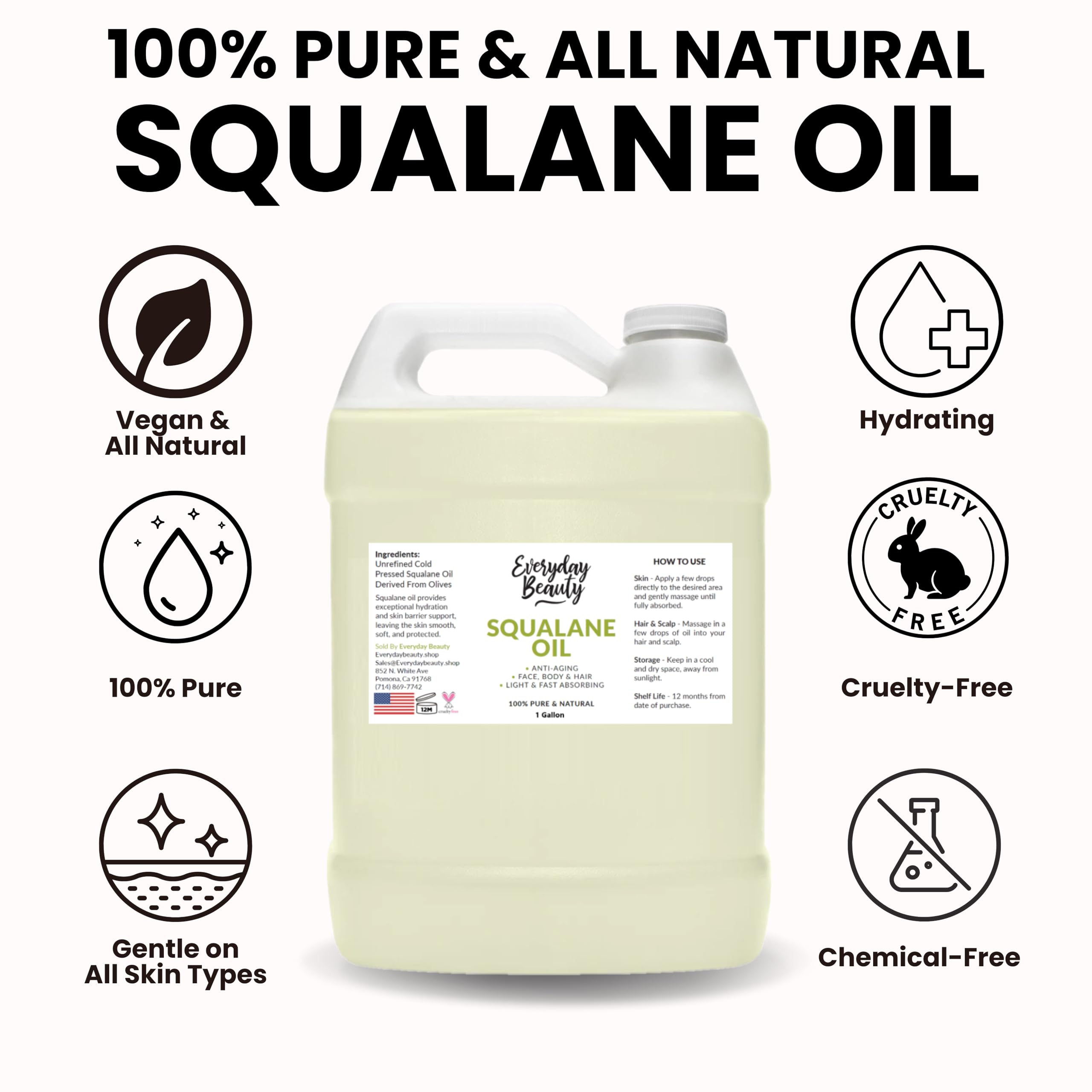 Pure Plant-Derived Squalane Oil - 1 Gallon Bulk Size, 100% Natural, Cold Pressed & Unrefined for Skin & Hair Care - Premium Moisturizing Oil for Face, Body, Scalp & DIY Beauty Products - Hydrates Dry Skin & Strengthens Hair Naturally
