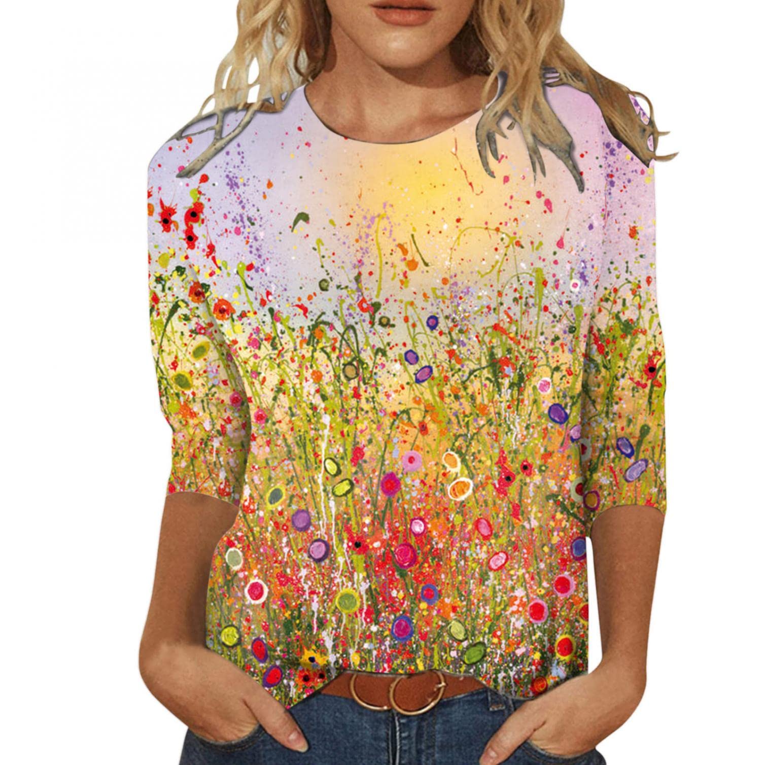 Masbird Women's 3/4 Sleeve Gradient O-Neck Blouse - Casual Loose T-Shirt for Summer | Dressy Casual Tops for Work, Date Night & Everyday Wear