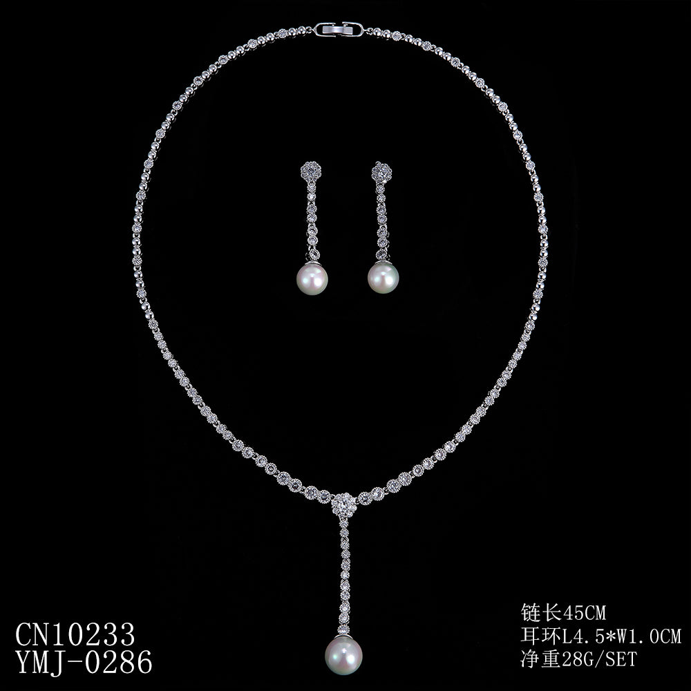 Elegant Cubic Zirconia Pearl Necklace & Earrings Set for Women - Perfect for Weddings, Anniversaries & Special Occasions | CN10233