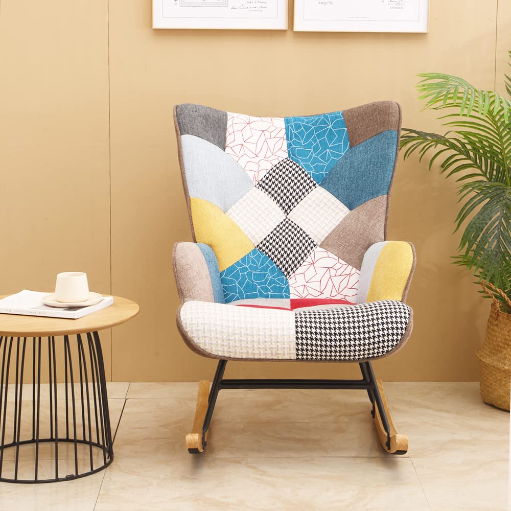 HomVent Upholstered Rocking Chair - Mid Century Modern Fabric Nursery Rocker with Tall Back & Wood Base, Comfortable Accent Armchair for Adults & Kids, Perfect for Living Room, Bedroom, Nursery or Reading Nook