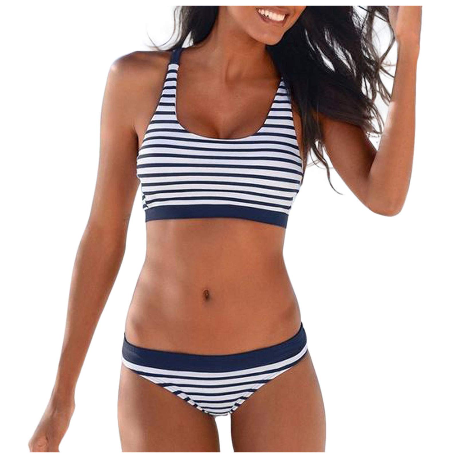 Women's Padded Push Up Bikini Set - Bandeau One Piece Swimsuit with Shoulder Straps, Navy Blue Beachwear for Pool, Vacation & Summer Activities