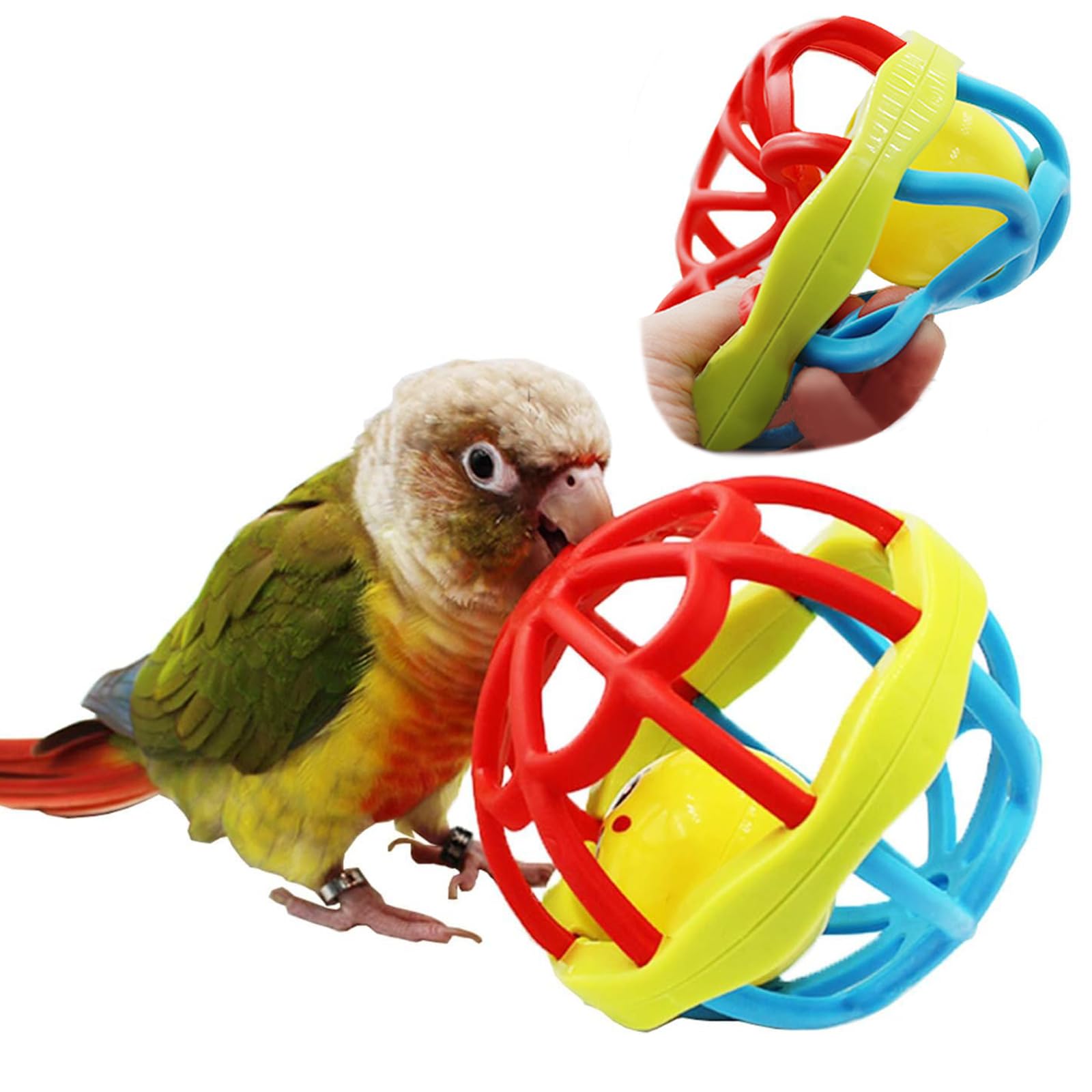 QBLEEV Bird Toys for Parrots - Plastic Chew Toys with Bells & Soft Rubber Balls - Foraging Foot Talon Toy for Training - Cage Accessories for Cockatiels, Budgies, Conures & Cats - Perfect for Chewing, Beak Grinding & Playtime Enrichment