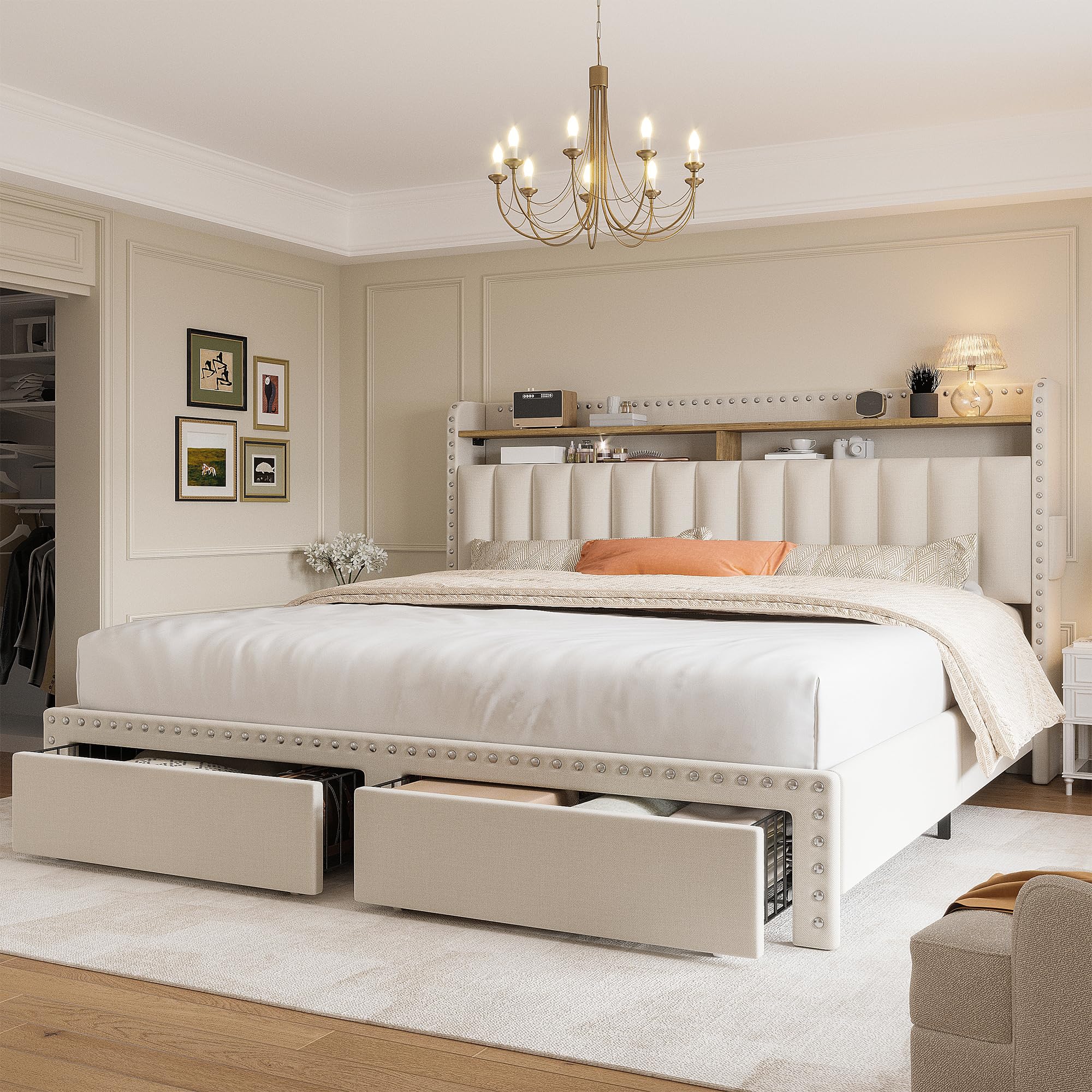 EnHomee Upholstered Queen Bed Frame with Headboard & Storage - 2 Drawers, No Noise, No Box Spring Needed - Perfect for Small Bedrooms, Guest Rooms & Modern Apartments