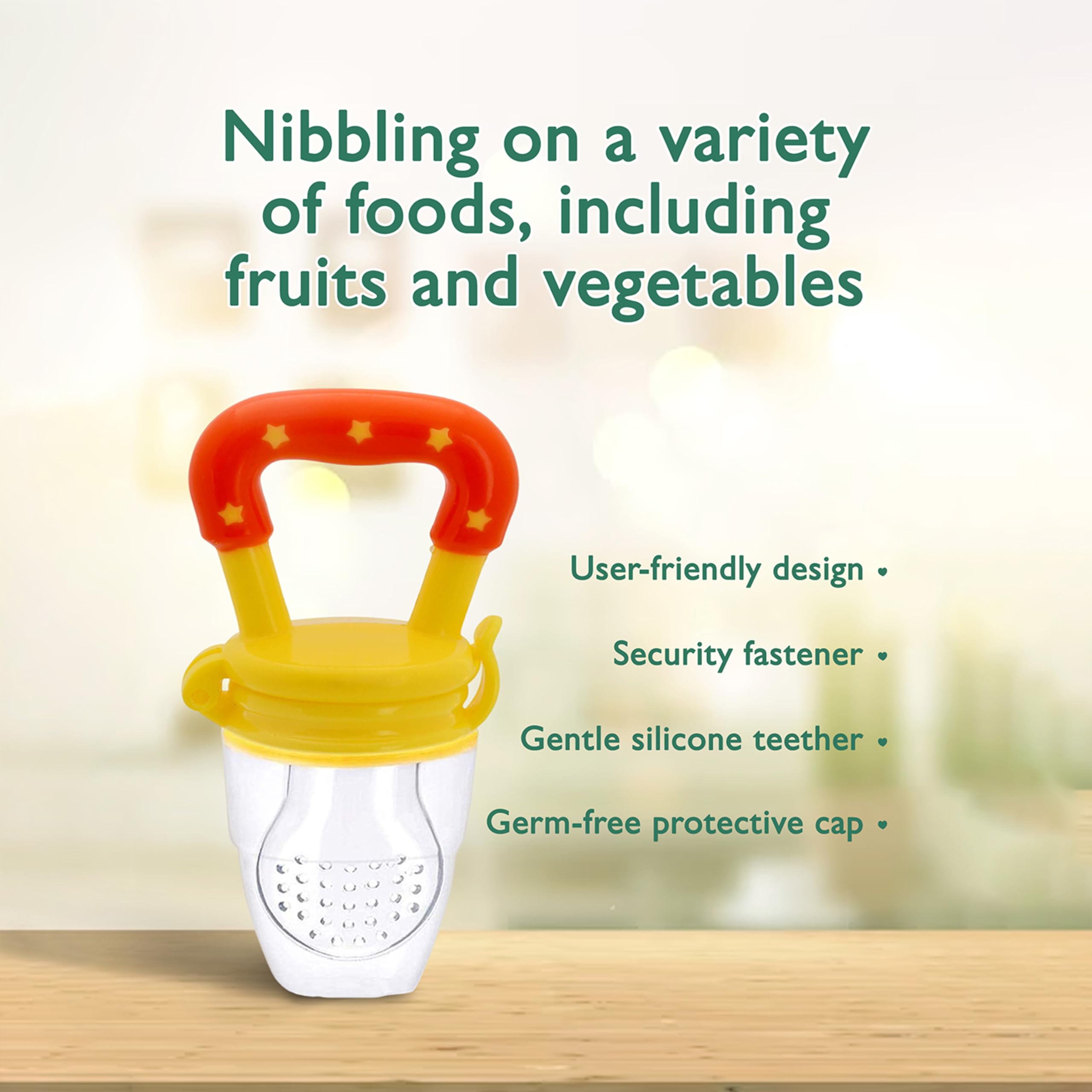 Kidbea Silicone Baby Food Feeder with Extra Mesh - Soft Pacifier, Infant Teether & Fruit Nibbler for 6-12 Months (Yellow) - Perfect for Teething Relief & Introducing Solid Foods Safely