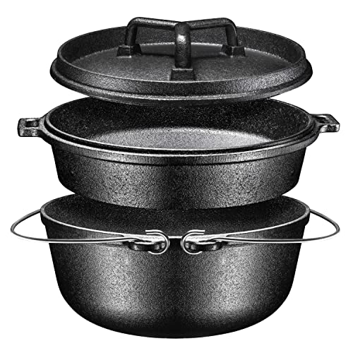 Bruntmor 4-Piece Pre-Seasoned Cast Iron Cookware Set - Dutch Oven with Lid, Skillet & Grill Pan for Camping, Outdoor Cooking & Backpacking | Perfect for Campfire Meals, RV Trips & BBQ Grilling