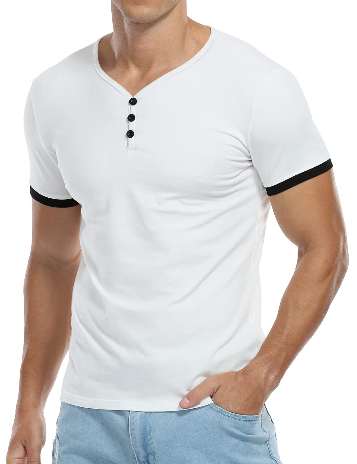 KUYIGO Men's Short Sleeve Henley T-Shirt - Button Placket Cotton Casual Shirt for Everyday Wear, Summer Outfits & Relaxed Style