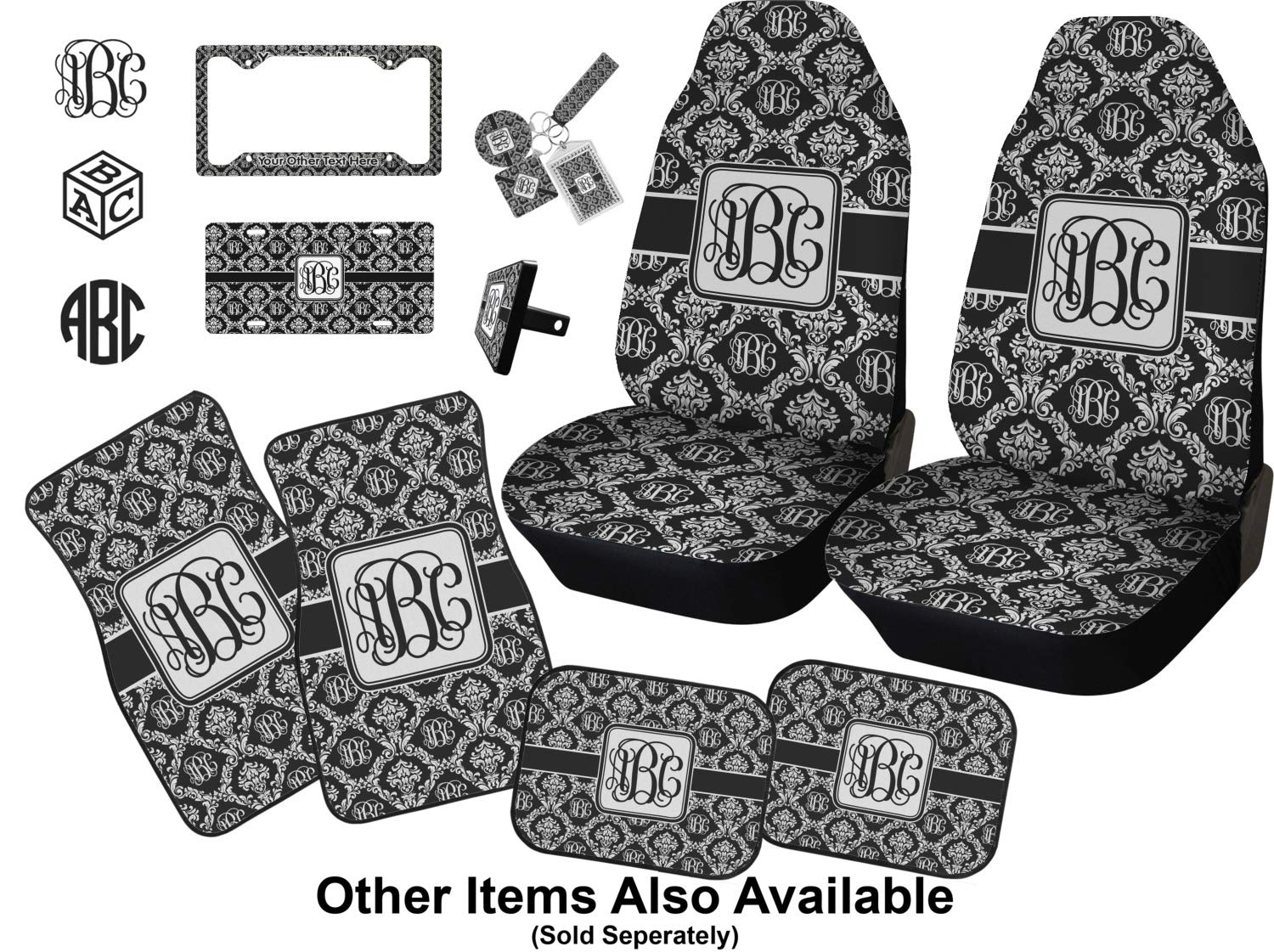 Custom Monogrammed Damask Car Floor Mats Set - 2 Front & 2 Rear Mats for SUVs, Sedans & Trucks | Luxury Car Interior Accessories for Protection & Style