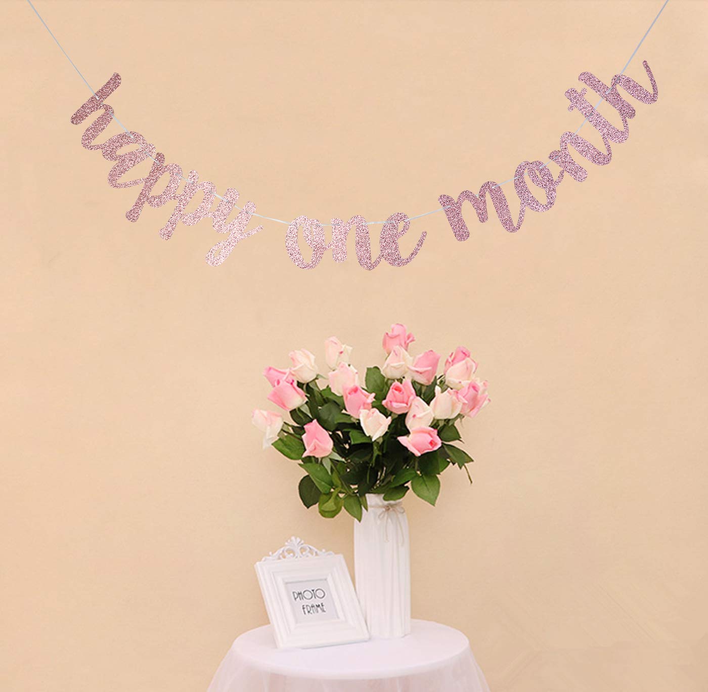 Rose Gold Glitter One Month Birthday Banner - Happy 1 Month & Half Year Celebration for Baby Boys & Girls - Baby Shower Party Decorations - Perfect for Nursery Decor, Milestone Photos & First Birthday Parties