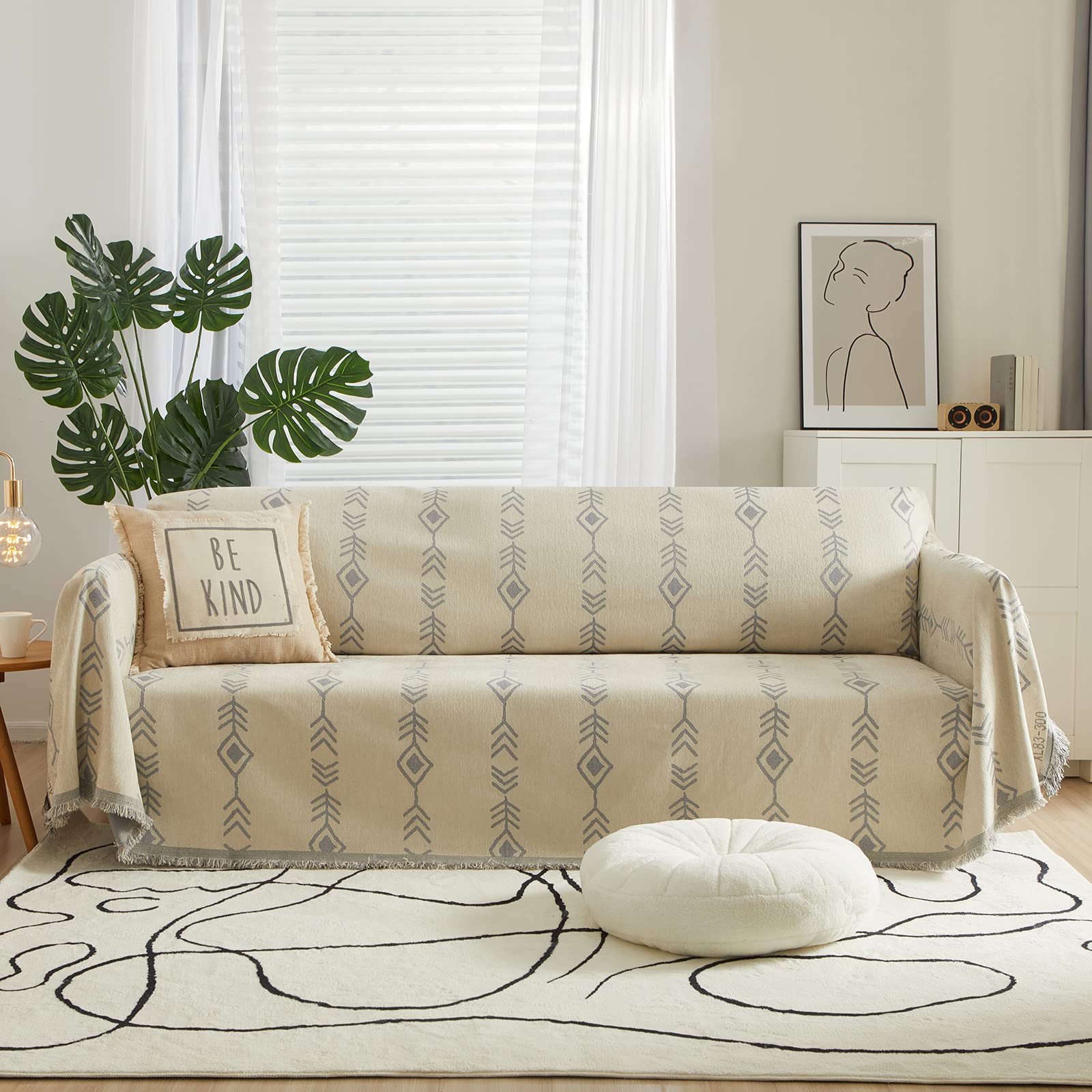 Handontime Geometric Boho Sofa Cover - Chenille 3-Cushion Couch Protector for Pets, Thick Soft Beige Sectional Slipcover 71x118 Inches - Perfect for Farmhouse Living Rooms & Pet-Friendly Homes