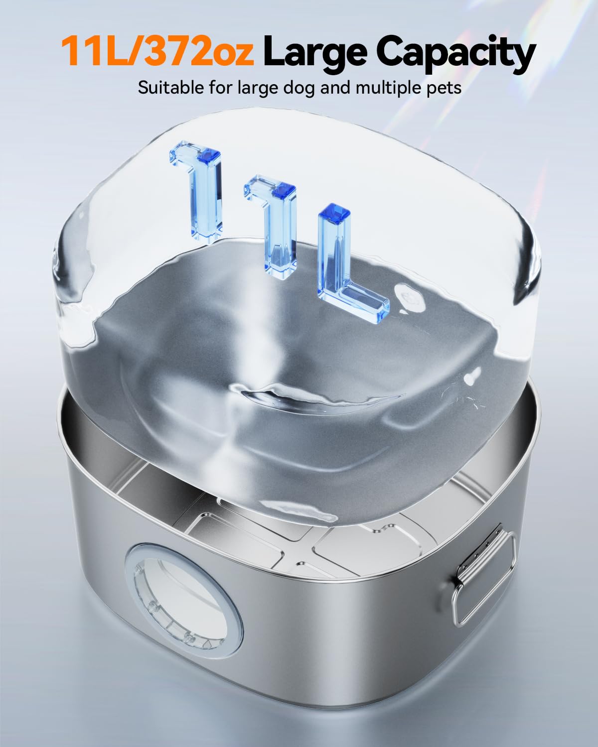 Stainless Steel Dog Water Fountain - 11L/2.8Gal Large Automatic Pet Water Dispenser with LED Light & Visible Window | Ultra Quiet for Dogs & Multi-Pets | Indoor Use for Large Dogs & Cats