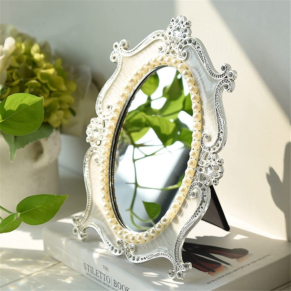 Antique Brass Blue Pearls Oval Metal Framed Table Mirror - European Style Home Decor with Silver White Stand, Jeweled Makeup Vanity Mirror (Color B, Size L) - Perfect for Bedroom Dresser, Bathroom Vanity & Vintage Home Decor