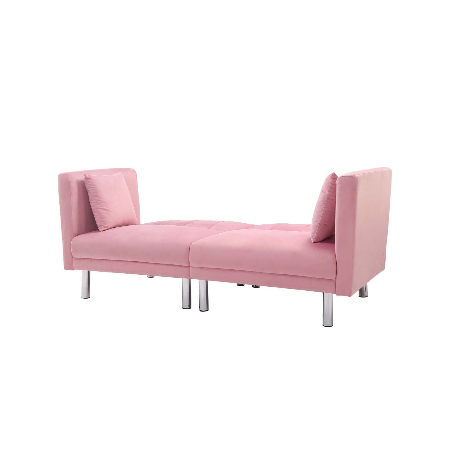 Velvet Convertible Futon Sofa Bed - Modern Upholstered Sleeper Loveseat with 2 Pillows & 8 Sturdy Legs | Space-Saving Folding Design for Small Apartments, Studios, Offices | Perfect for Guest Rooms, Dormitories & Home Theaters (Pink)