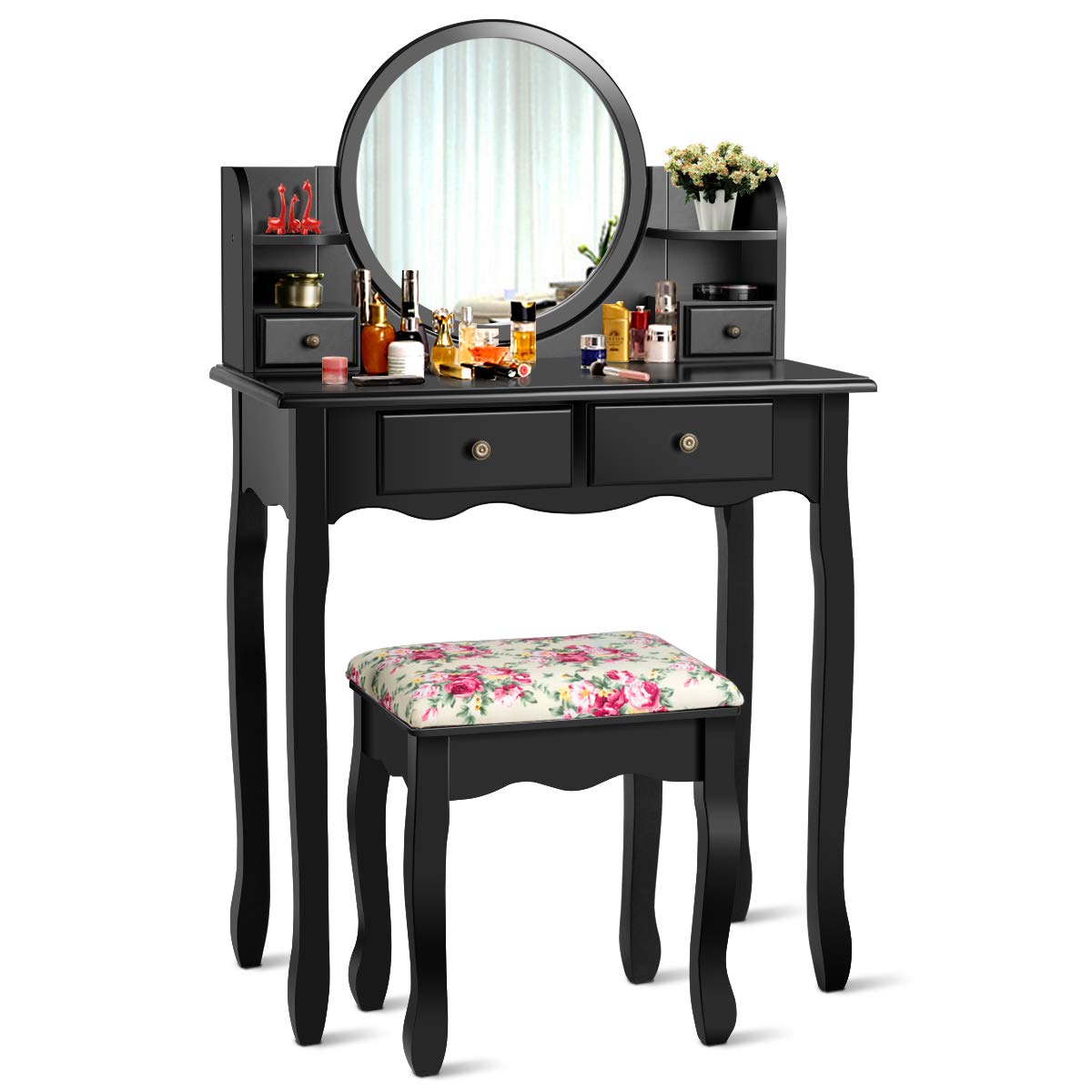 Charmaid Vanity Set with 4 Storage Shelves & 4 Drawers - Makeup Dressing Table with 360° Swivel Mirror, Organizers & Cushioned Stool for Women & Girls (Black) | Perfect for Bedroom, Bathroom & Beauty Salon Organization