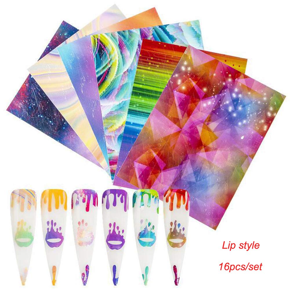16Pcs Holographic Lip & Water Drop Nail Stickers - Self-Adhesive Nail Decals for DIY Manicure, Colorful Nail Art Wraps - Perfect for Parties, Date Nights & Salon Quality Nails at Home