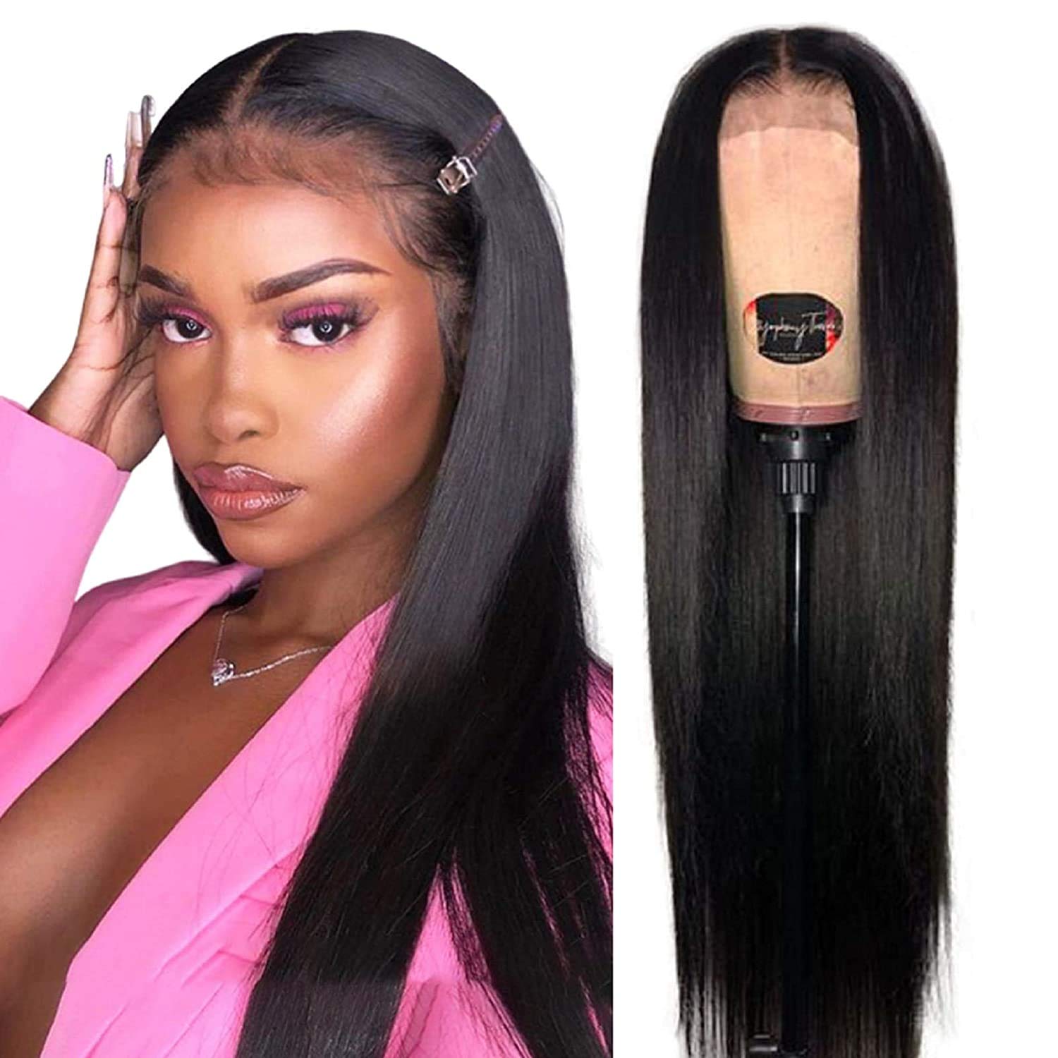360 Lace Front Wig Brazilian Human Hair 10A Pre Plucked Bleached Knots Silky Straight Natural Black 12