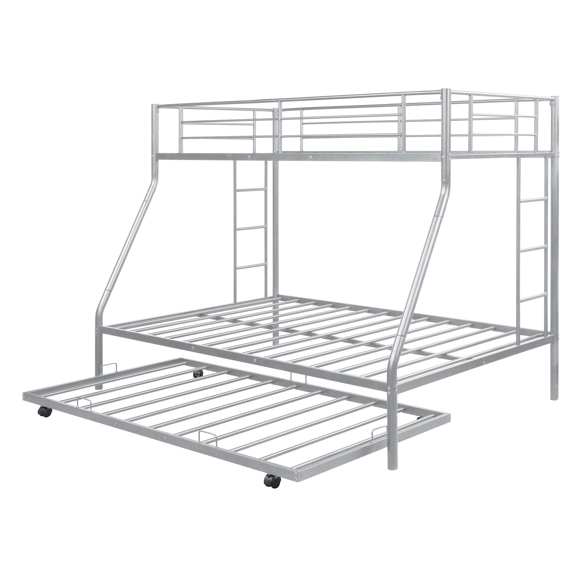 Metal Bunk Beds Twin Over Full Size with 2 Ladders & Trundle - Sturdy Space-Saving Bed Frame for Kids, Teens & Adults in Silver | Perfect for Small Bedrooms, Guest Rooms & Dormitories