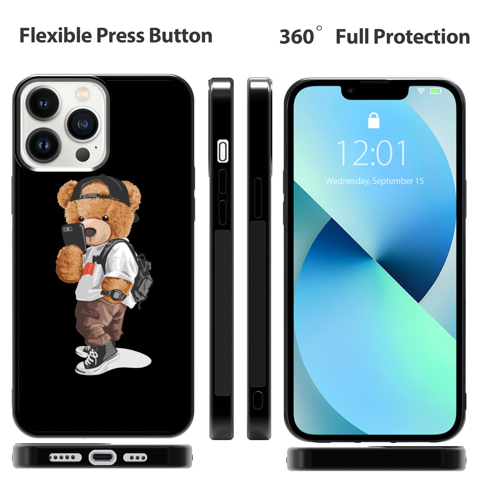 FANXI Cute Bear Shockproof Phone Case for iPhone 13 Pro Max 6.7 Inch - Protective Stylish Cover for Men Women Boys Girls Teens - Perfect for Daily Use, Work, School & Outdoor Activities - Black