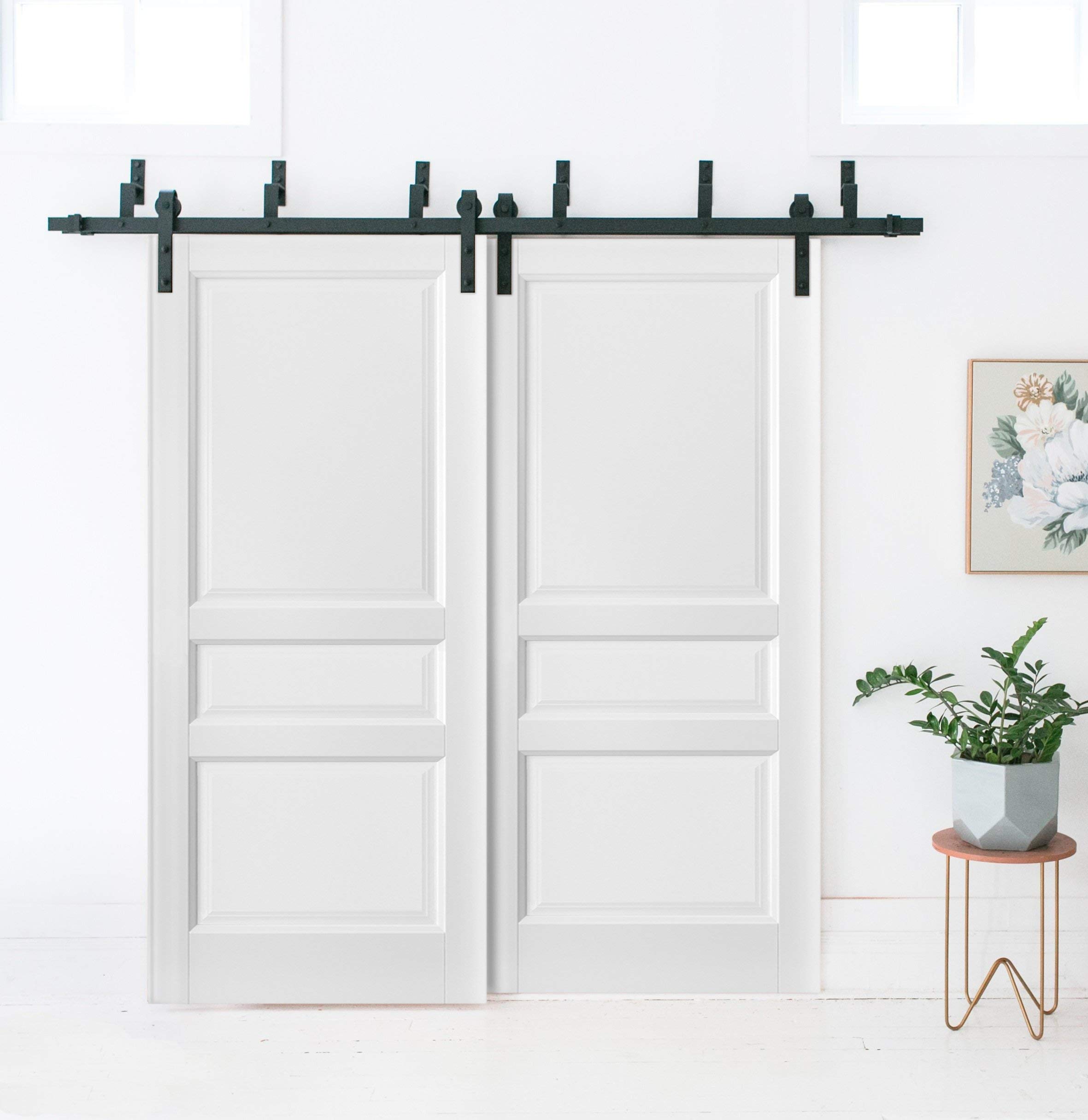 SARTODOORS 36 x 80 Barn Bypass Sliding Doors with 6.6ft Heavy Duty Steel Rails Kit - Matte White Shaker Panel Style for Kitchen Pantry, Laundry Room & Closet Doors | Durable Double Sliding Barn Door Hardware Set