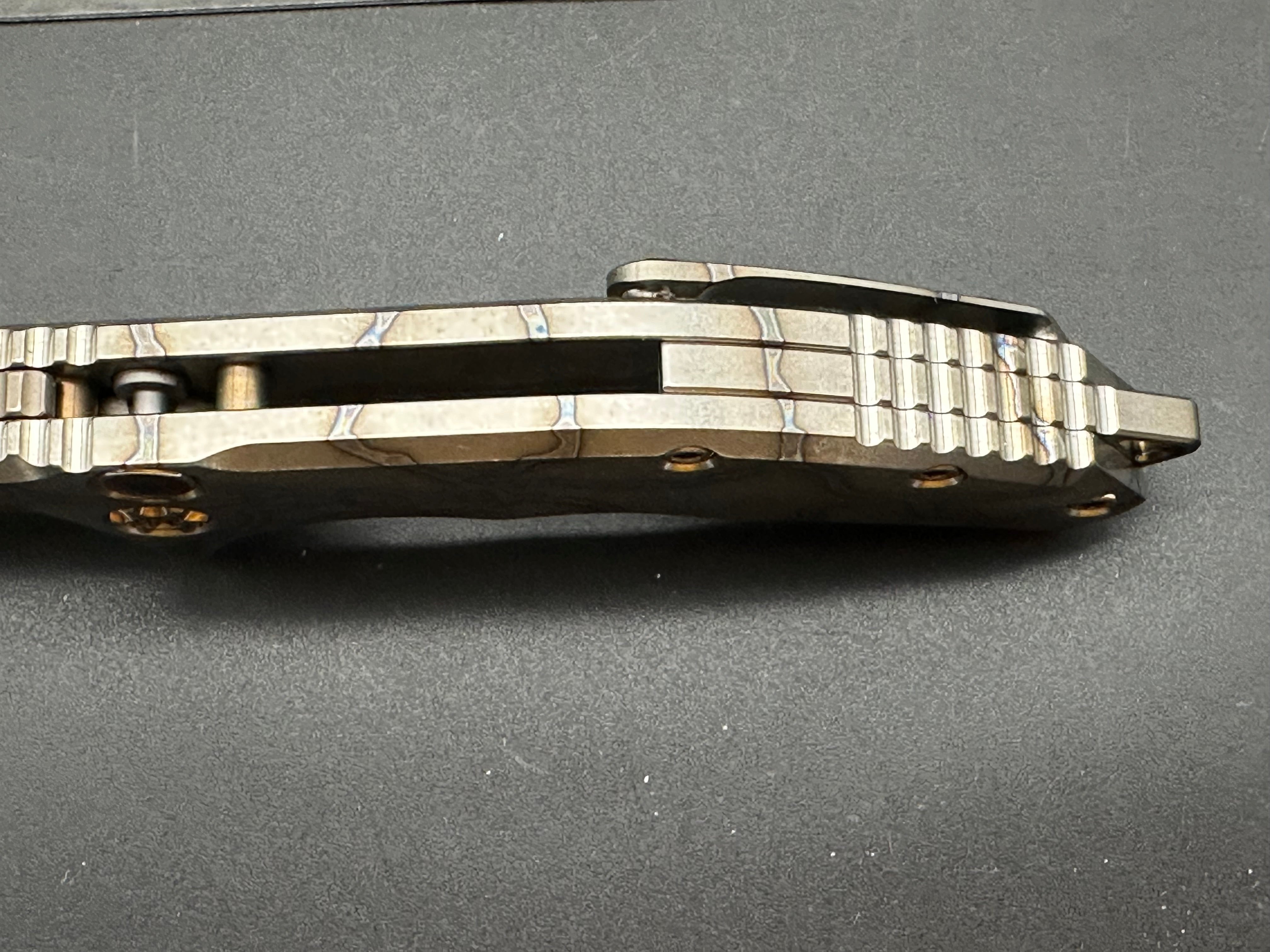 Heretic Medusa Battleworn Bronze Tanto Knife - Flamed Titanium Handle with 3 Bronze Accents | Tactical EDC, Outdoor Survival, and Collector's Item