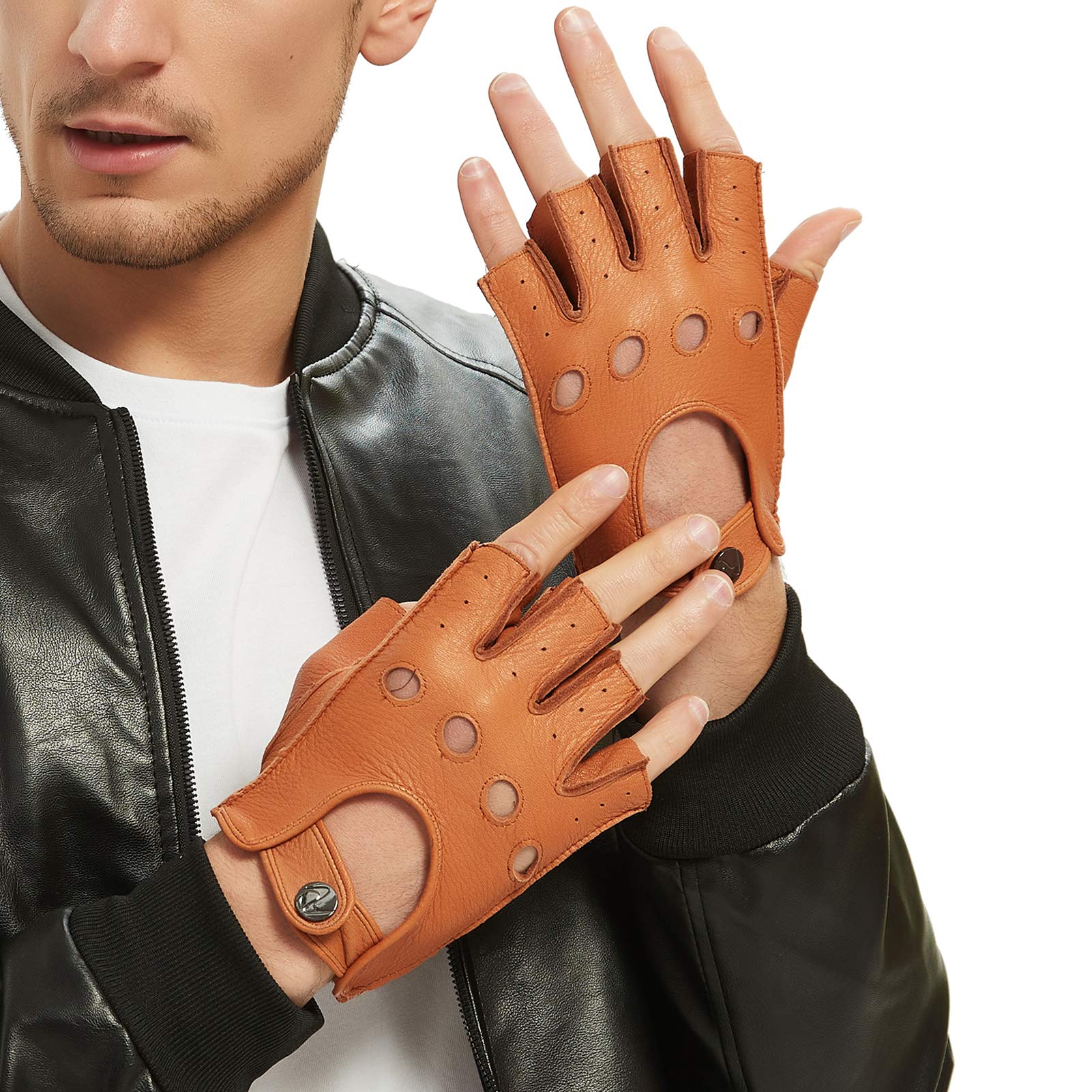NOVBJECT Men's Fingerless Leather Driving Gloves - Premium Deerskin Unlined Half Finger Gloves for Motorcycle Riding & Outdoor Activities - Perfect for Biking, Driving & Winter Fashion