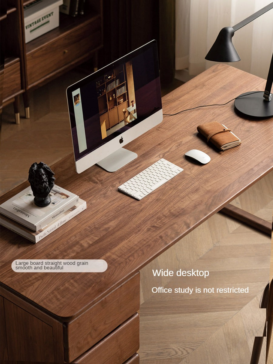 Premium Black Walnut Solid Wood Desk with Built-in Storage Cabinet - Modern Home Office Workstation for Professionals & Remote Workers