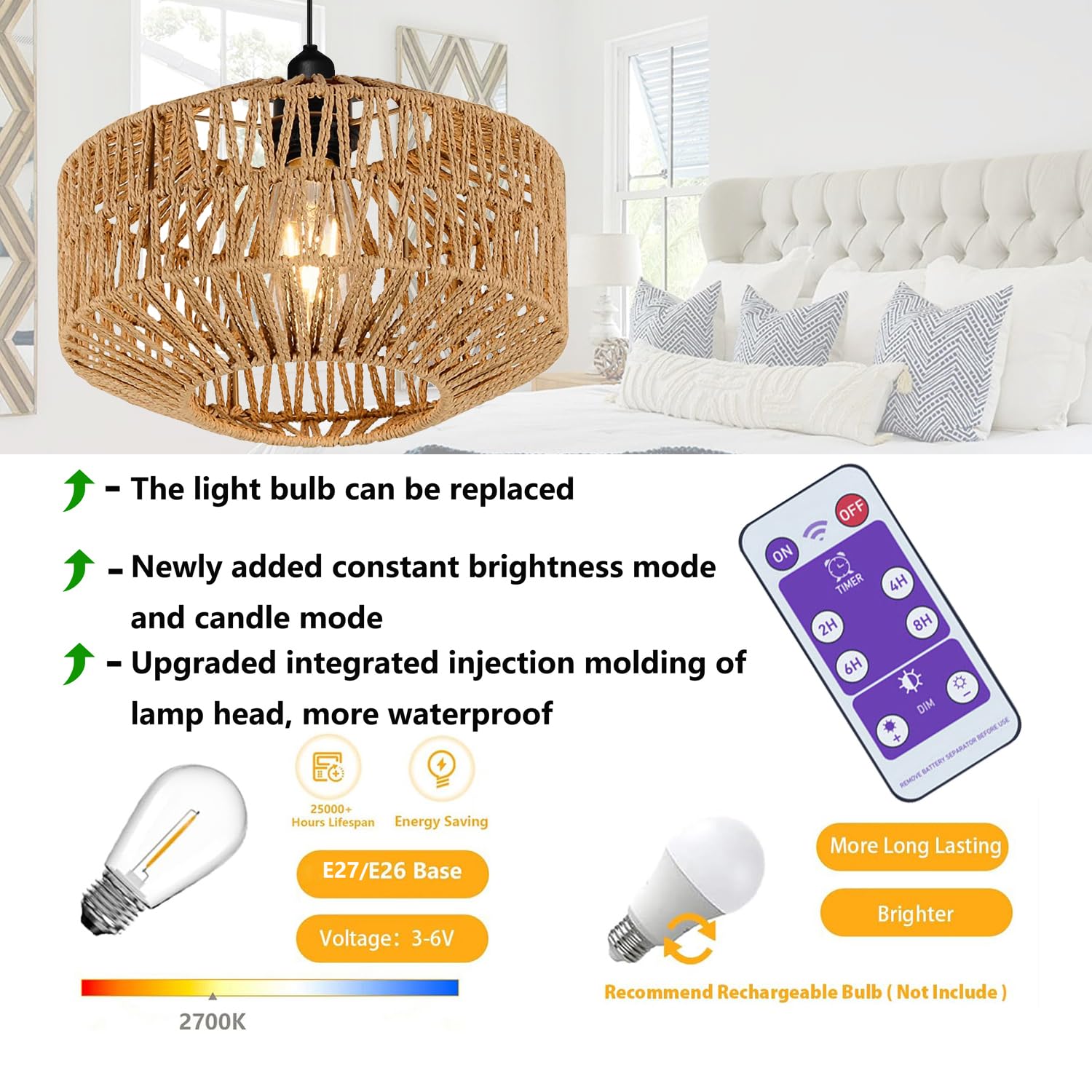 Battery Operated LED Pendant Light with Remote & Timer - Outdoor Chandelier for Gazebo, Porch, Patio - Boho Rattan Lampshade - 4 AA Battery Powered Hanging Lantern - Farmhouse & Backyard Decor for Evening Gatherings and Outdoor Dining