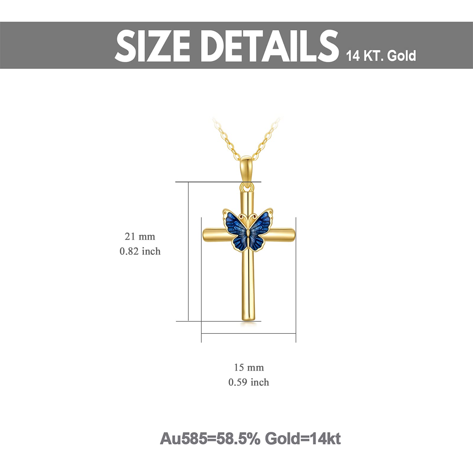 14K Solid Gold Cross Necklace for Women - Butterfly Cross Pendant Chain Gift for Her, Mom, Wife (16