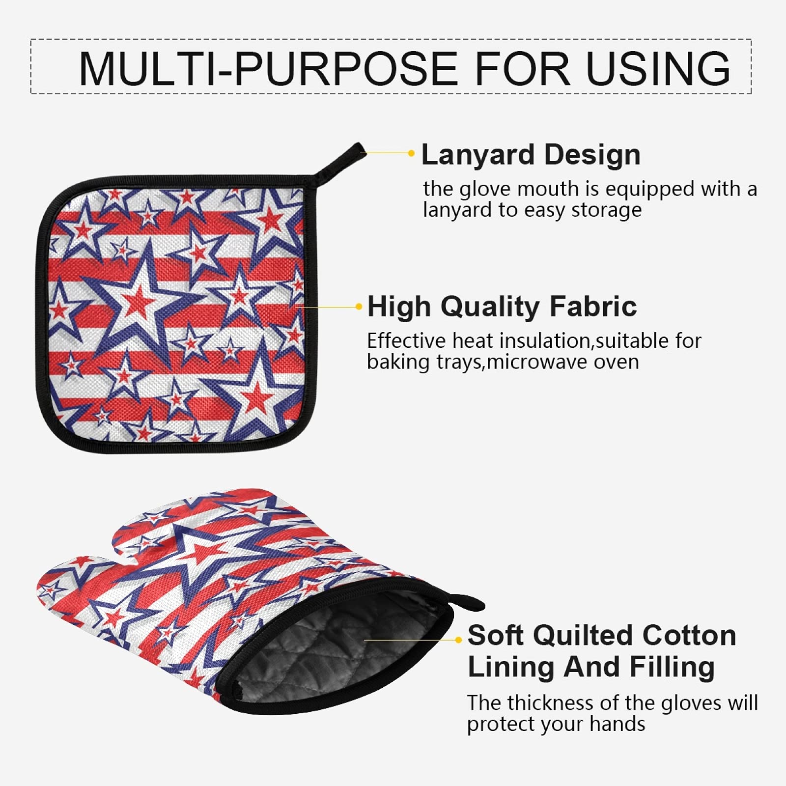 QUGRL Stars and Stripes Oven Mitts & Pot Holders Set - Heat Resistant Kitchen Gloves for Baking, Cooking, BBQ - Patriotic 4th of July Kitchen Accessories - Perfect for Holiday Cooking, Grilling & Home Decor