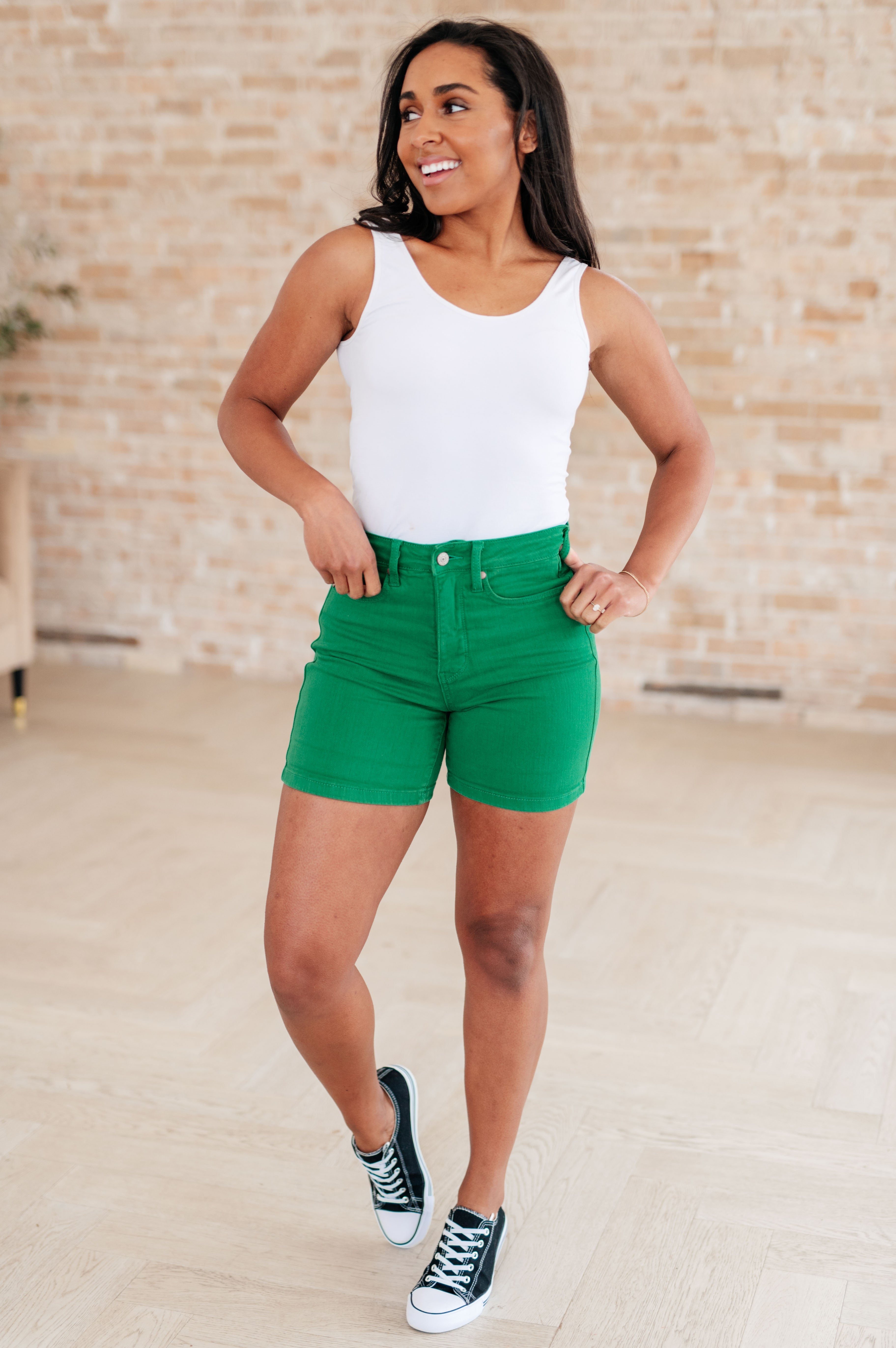 Jenna High Rise Control Top Cuffed Shorts for Women - Green Tummy Control Workout Shorts for Yoga, Running & Lounge Wear