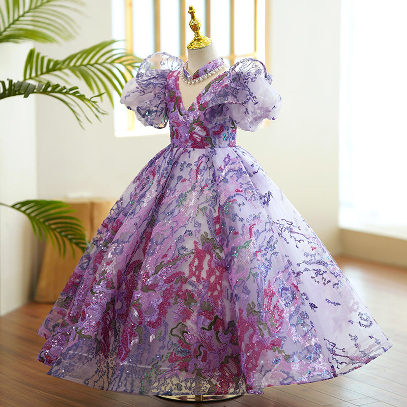 Beautiful Purple Sequins Puffy Communion Dress for Baby Girls & Toddlers - Perfect for Birthday, Princess Party & Special Occasions