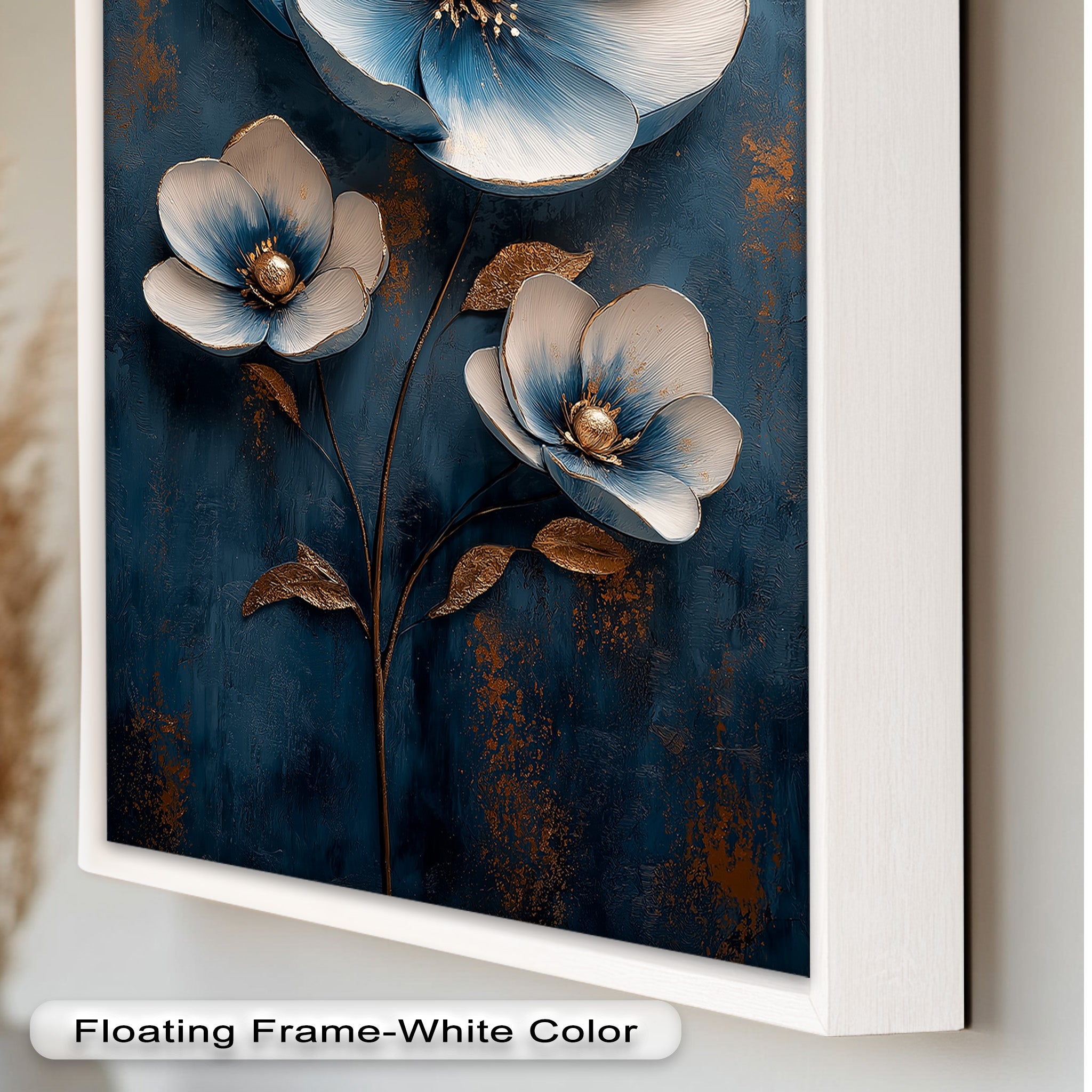 Blue and Gold Flower Modern Oil Painting - Handmade Canvas Wall Art for Living Room, Bedroom & Office Decor