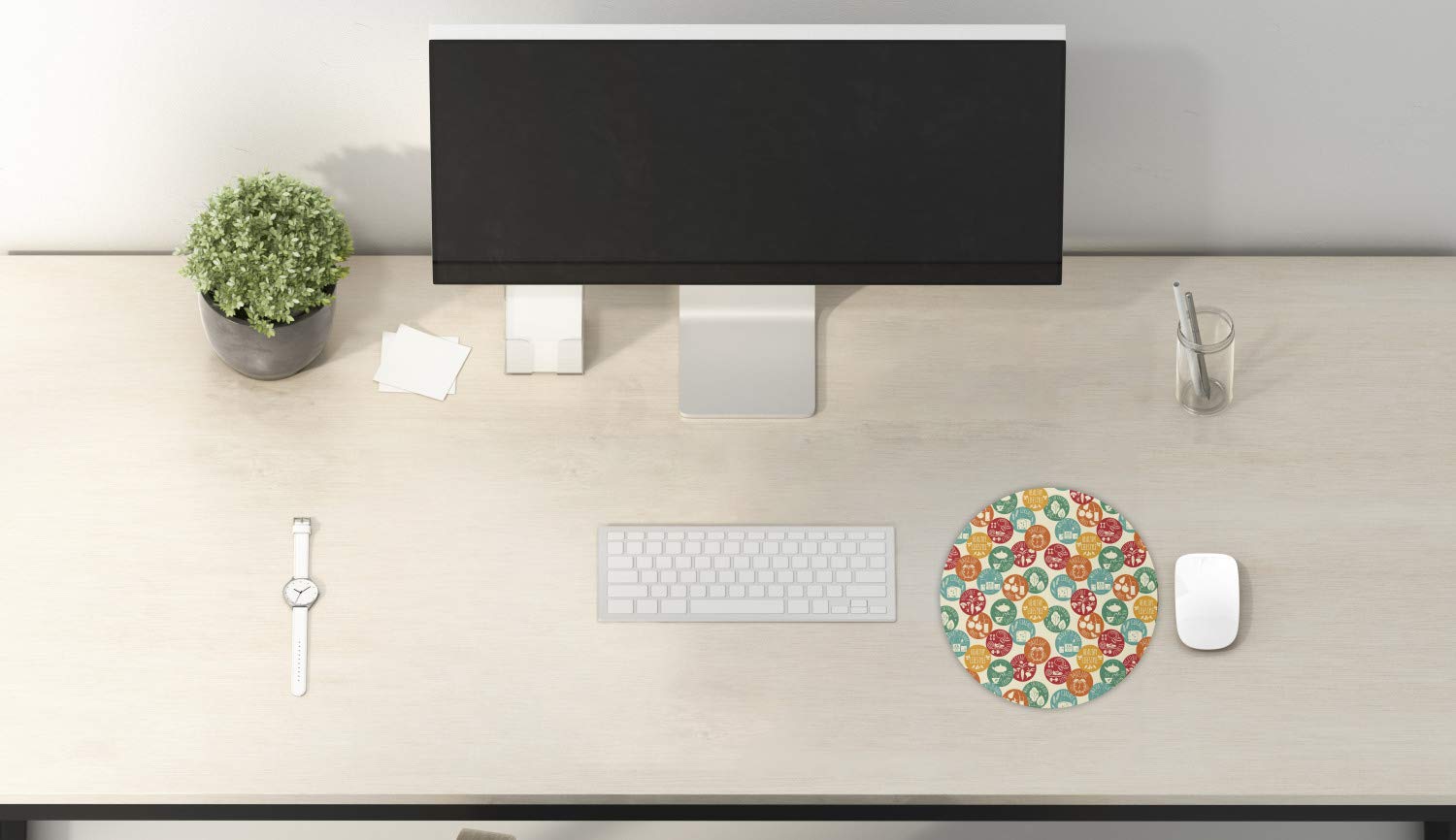 Ambesonne Non-Slip Round Gaming Mouse Pad - 8 Inch Thick Rubber Computer Mousepad with Colorful Sporty Design, Perfect for Fitness Enthusiasts & Gamers - Ideal for Office, Home & Gaming Setup