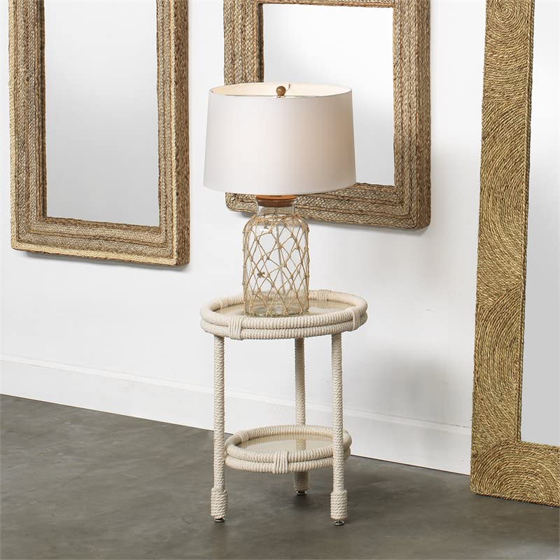 Coastal Rope & Glass Jar Table Lamp with Oatmeal Linen Shade - 3-Way Socket, Clear & Natural Finish - Perfect for Beach House, Farmhouse, or Boho Bedroom Decor