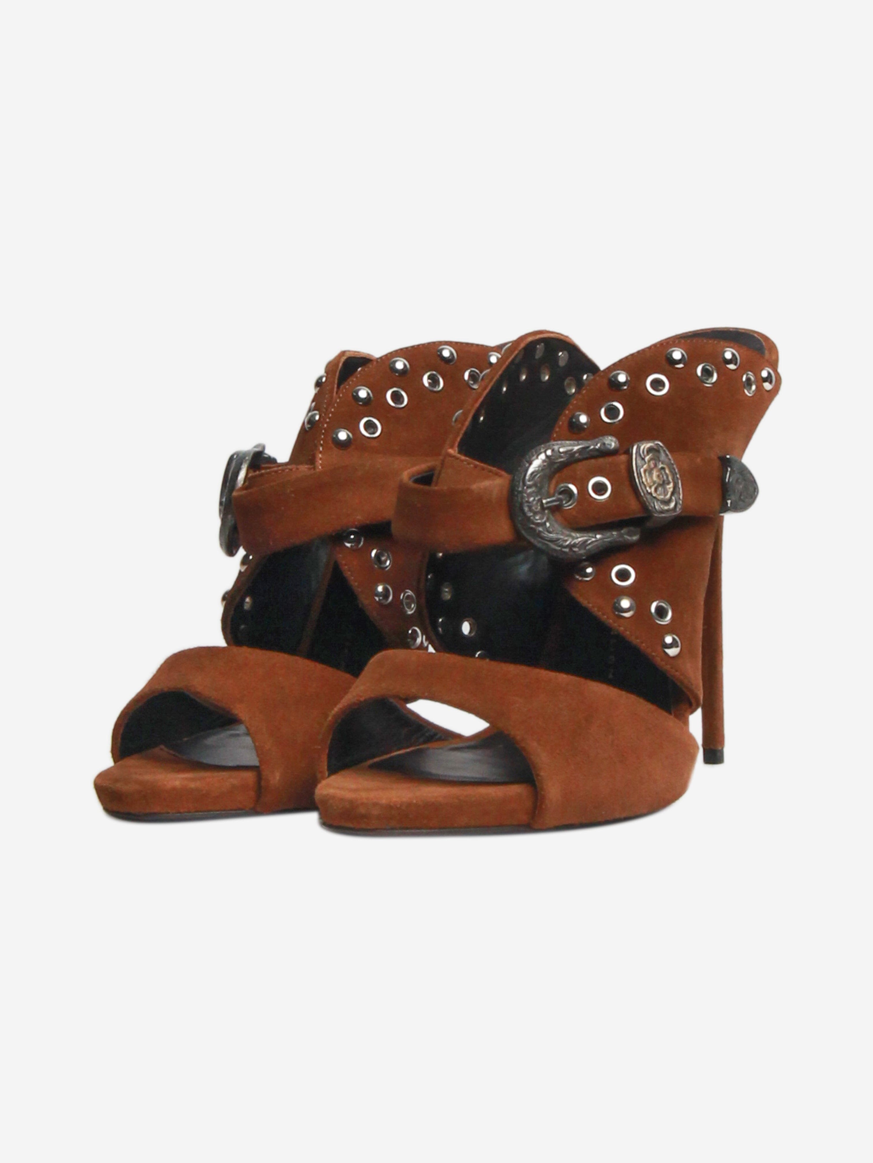 Brown Suede Studded Sandal Heels Women's Size EU 40 (US 10) - Comfortable Block Heels for Party, Wedding & Evening Events