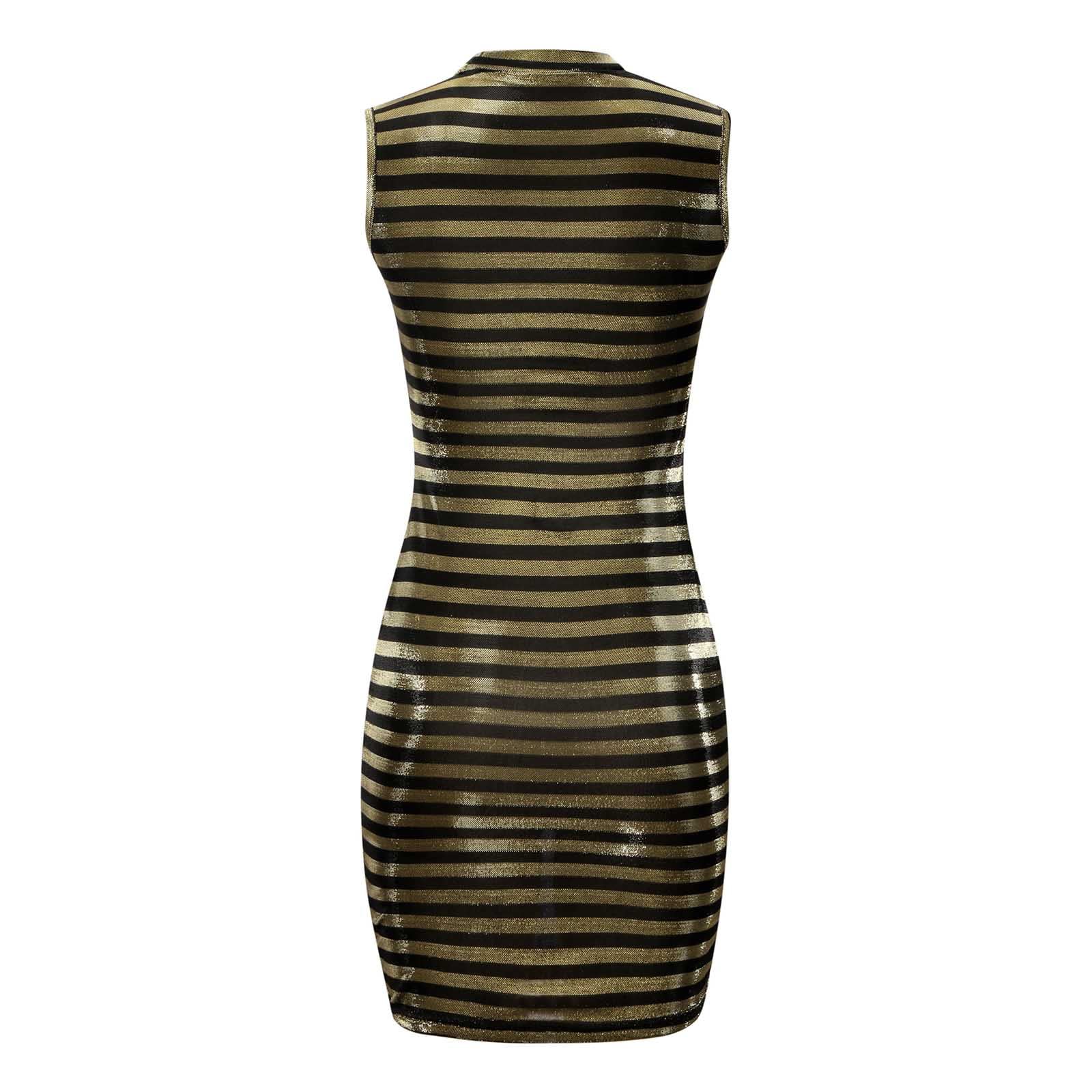 Elegant Striped Bodycon Mini Dress for Women - Sleeveless Round Neck Cocktail Party Dress with Sparkle Stretch Fabric | Perfect for Night Out, Club, Date Night & Special Occasions