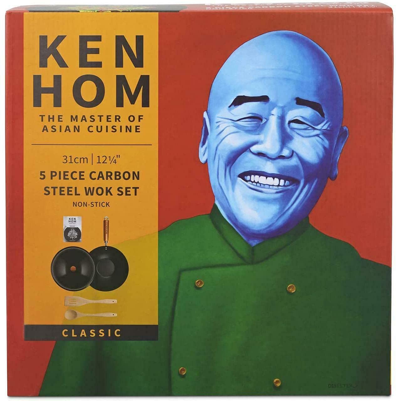 Ken Hom KH331051 5-Piece Nonstick Carbon Steel Wok Set, 31cm Classic Flat Bottom Pan with Lid - Induction Incompatible, Hand Wash Only, 2-Year Warranty - Perfect for Asian Stir-Fry, Home Cooking & Professional Kitchens