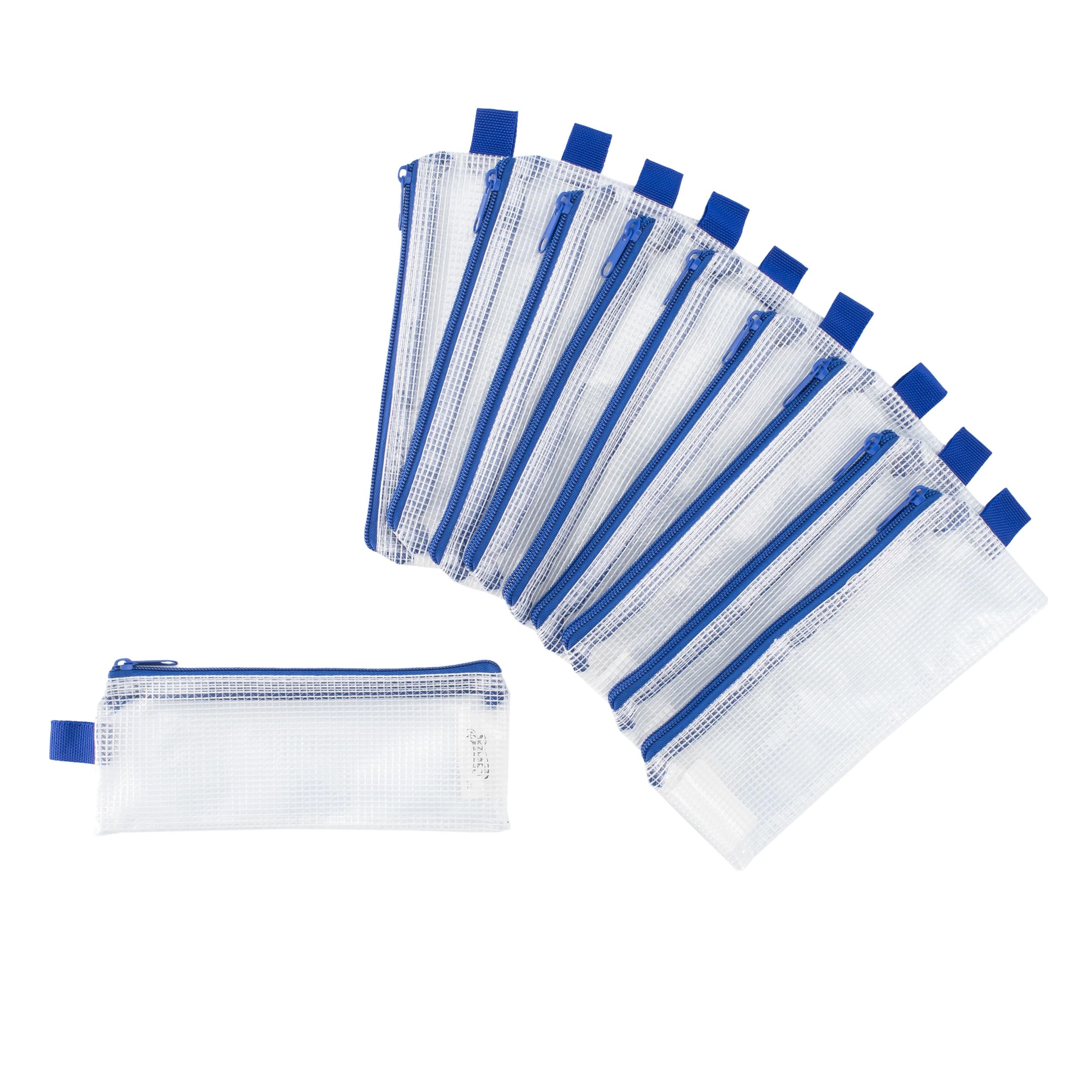 Mesh Pencil Case for School Supplies - 3x8 Inches, Clear with Blue Trim (Pack of 10) - Perfect for Organizing Pens & Markers