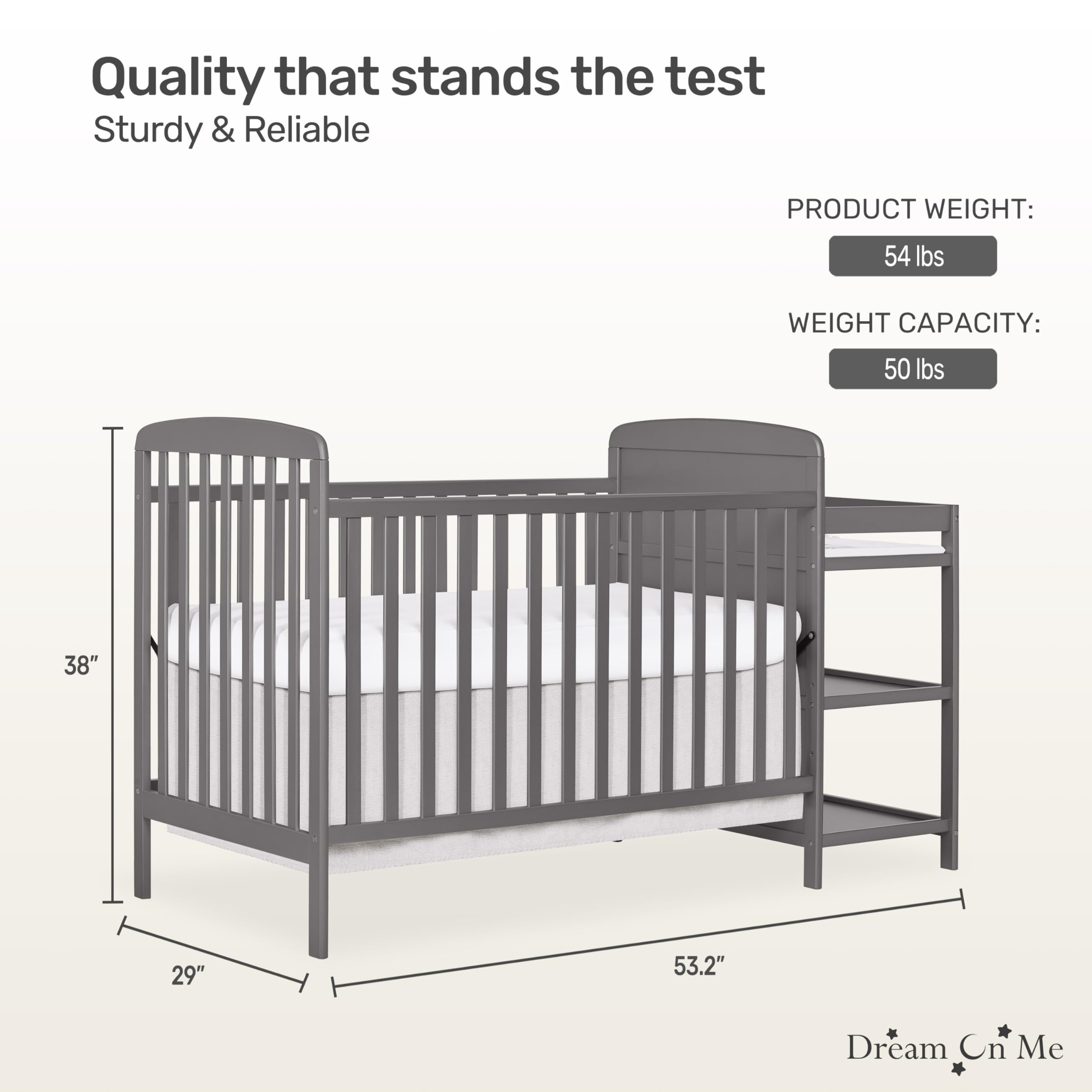 Dream On Me Anna 3-in-1 Convertible Crib with Changing Table - Steel Grey Nursery Furniture Set | GREENGUARD Gold Certified, Non-Toxic Finishes | Includes 1