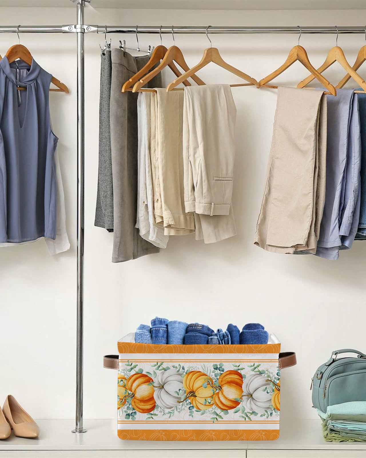 2 Pack Collapsible Storage Baskets with Handles - Orange White Pumpkin Design & Green Botanical Leaves - Foldable Organizer Bins for Nursery Toys, Laundry, Closet Organization - Perfect for Fall Thanksgiving Decor, Home Shelves & Seasonal Storage Solutions