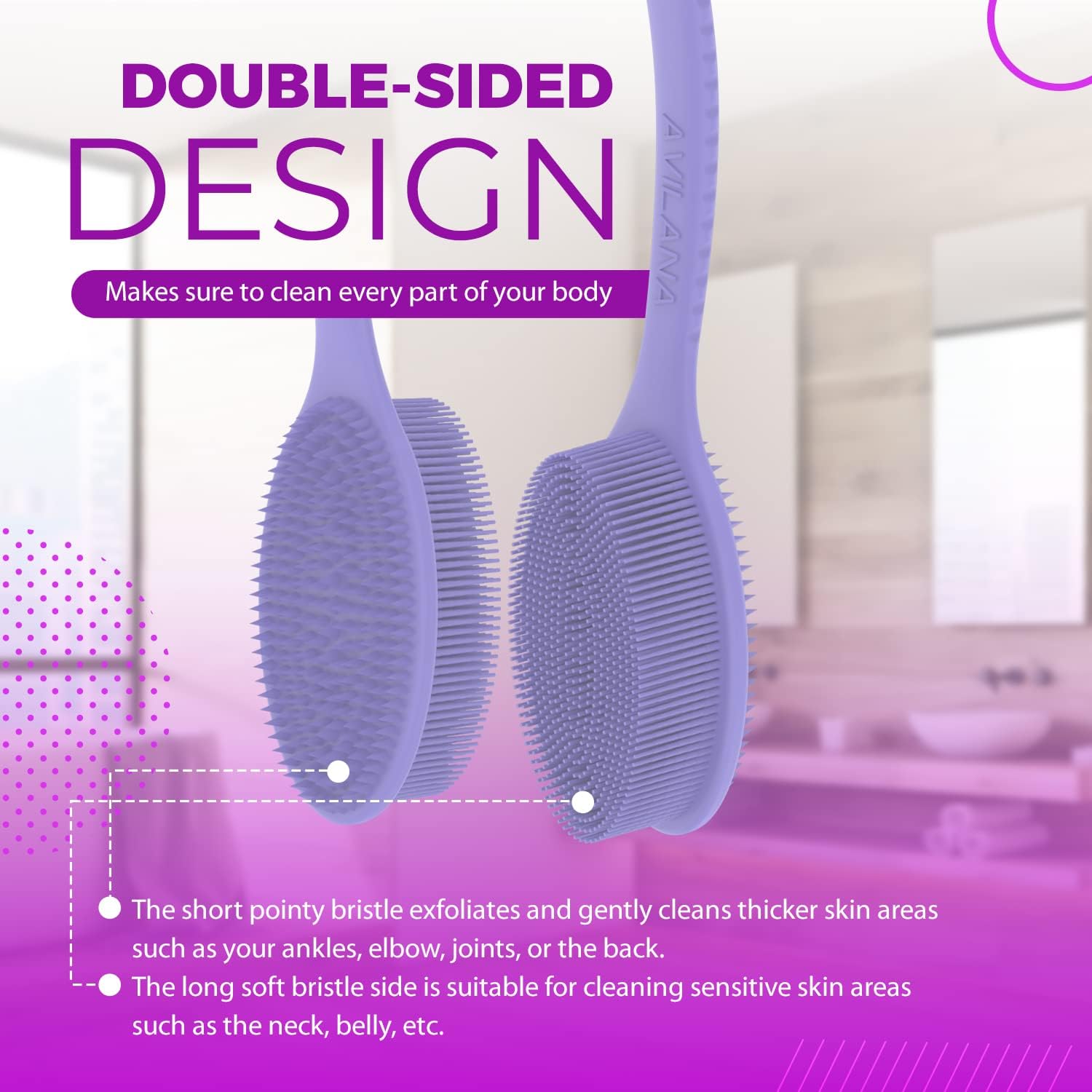 Avilana 19-Inch Silicone Back Scrubber with Handle - Long Shower Brush for Exfoliating & Cleansing - Soft Loofah Scrubber for Men & Women - Perfect for Hard-to-Reach Areas & Spa-Like Experience (Lavender)