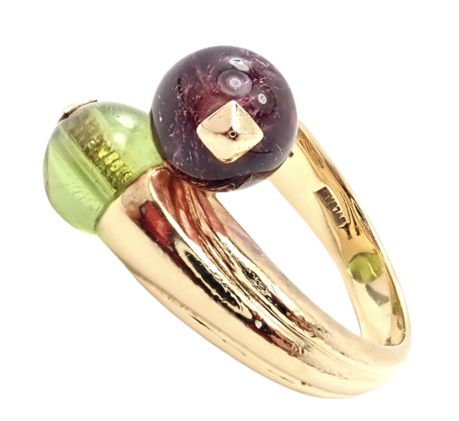 Vintage Bulgari Bvlgari 18k Yellow Gold Pink & Green Tourmaline Bypass Ring - Luxury Jewelry for Women, Elegant Gift for Anniversary & Special Occasions