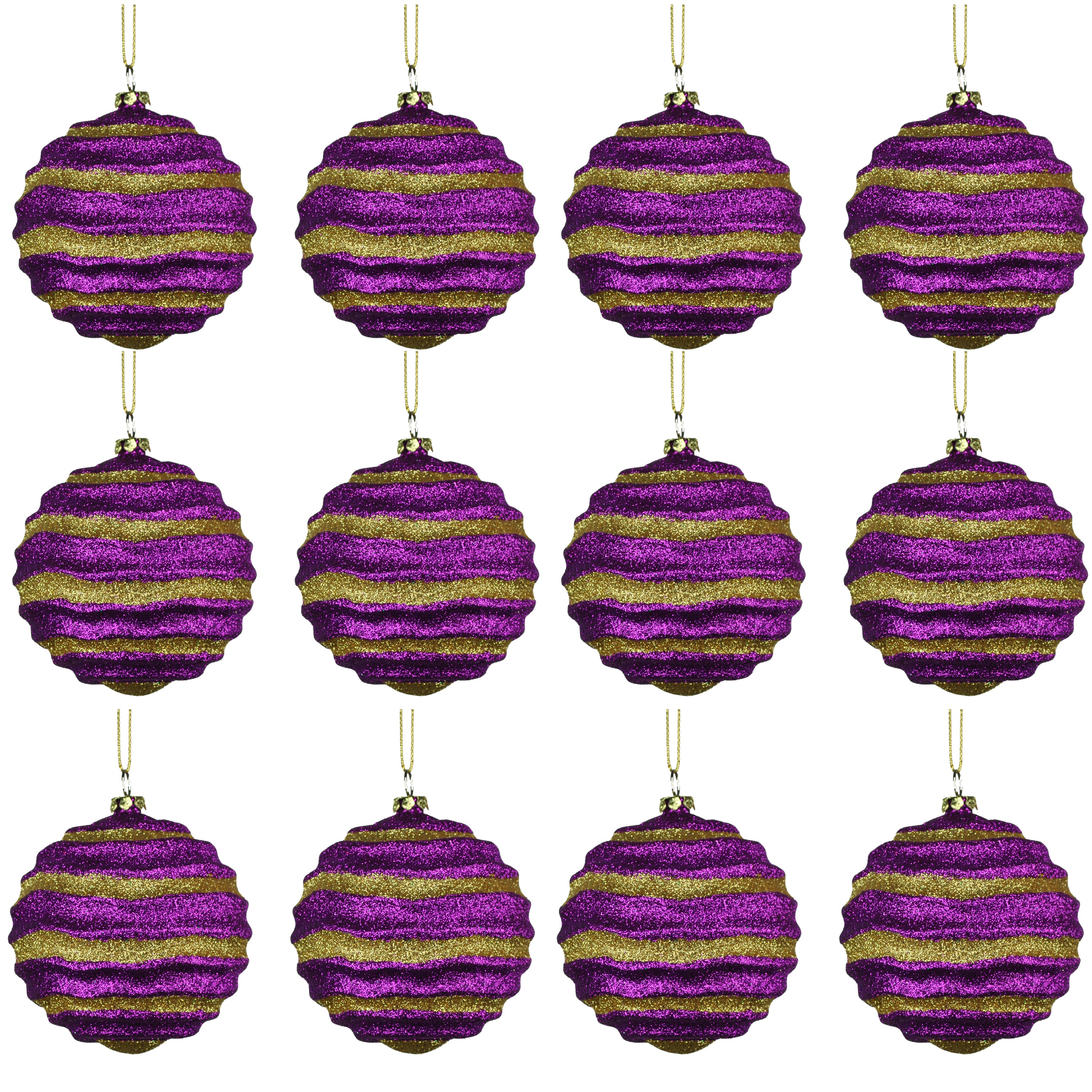 12 Pack Purple & Gold Wavy Ball Christmas Tree Ornaments with Glitter - Holiday Party Decorations for Xmas Tree, Home, Office & Festive Celebrations